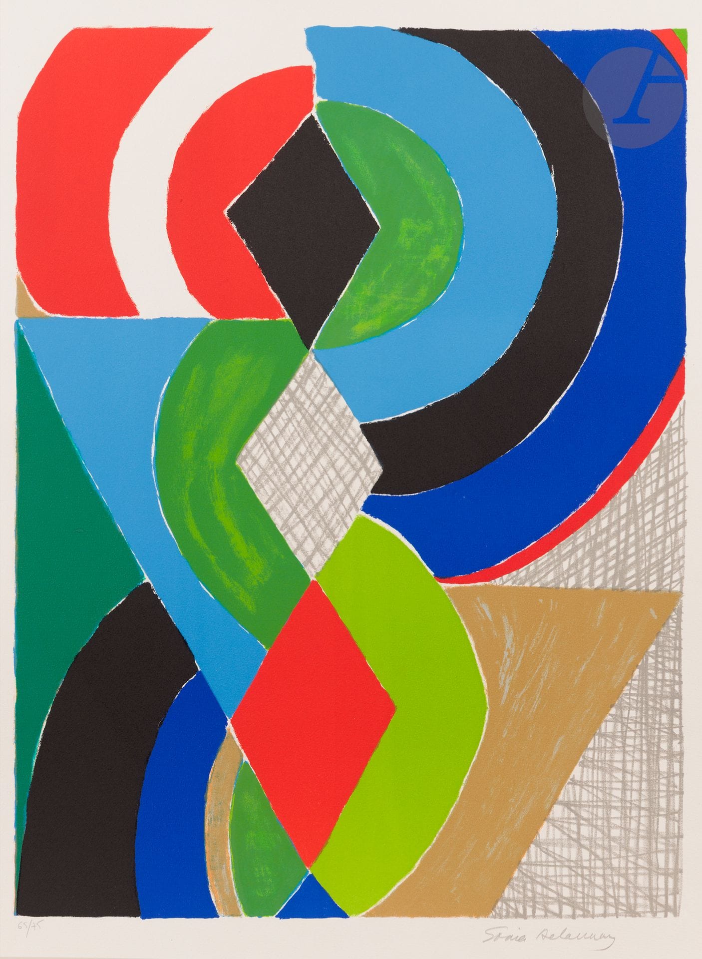 Sonia Delaunay (1885-1979)
Colorful rhythms. Circa 1970. Lithograph. 450x595. Color print. A very fine, fresh proof on white vellum, numbered and signed in pencil. Full margins. Edition of 75 proofs.