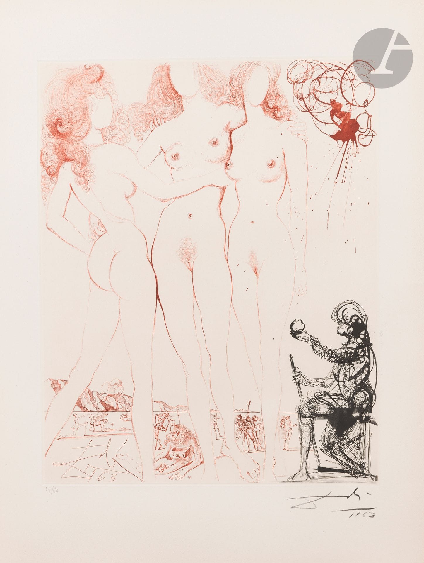 Salvador Dalí (1904-1989)
The Judgment of Paris (Mythology, pl. 8). 1963-1965. Heliogravure and drypoint. 505x401. Michler and Löpsinger 123, printed in black and sanguine. Very fine proof on "Arches" watermarked vellum, signed and dated "1963" in pencil. Light traces of oxidation and dusting at the edges of the folio. Full margins. Edition of 150 proofs on this paper. Argillet ed.