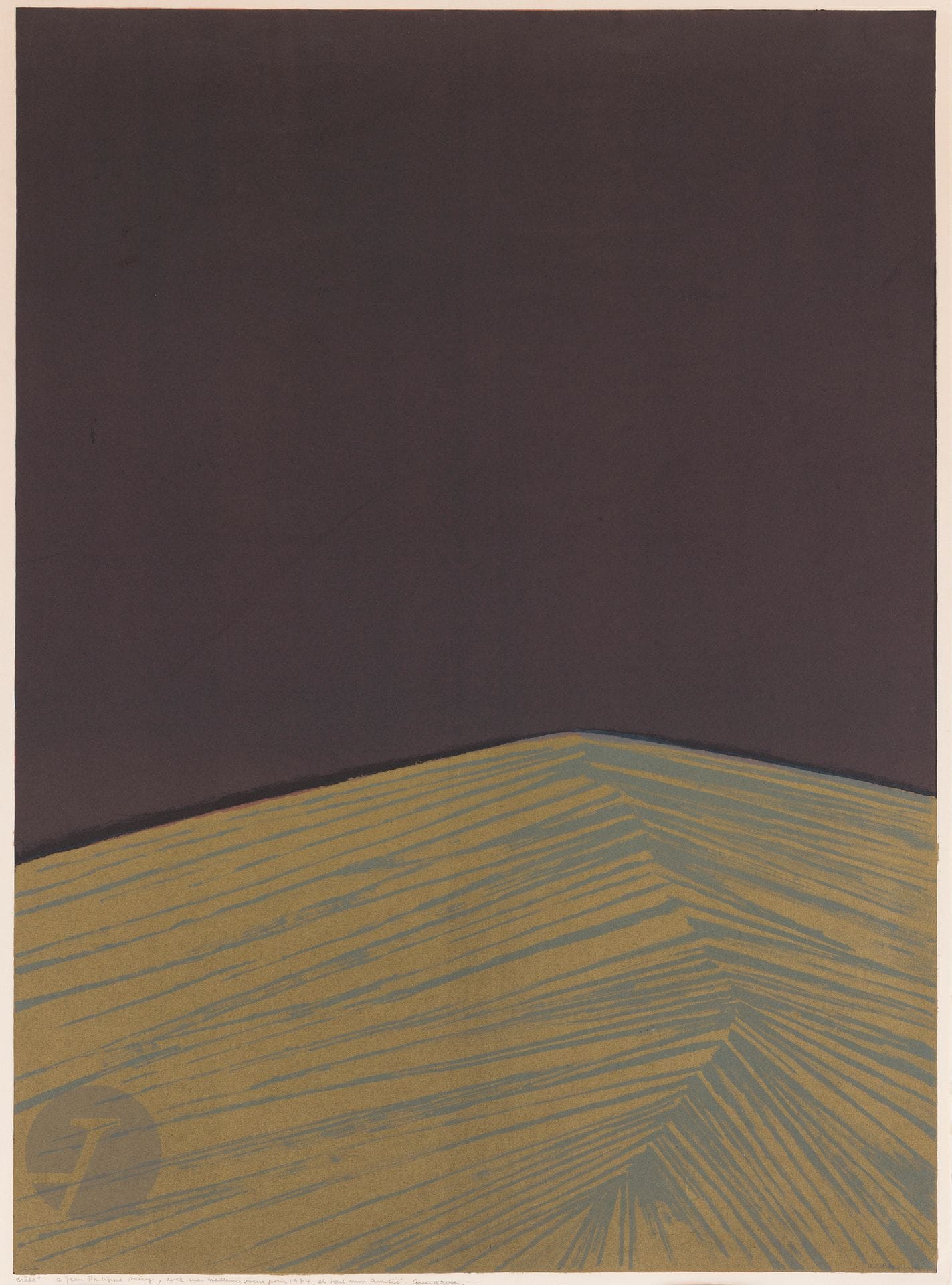 Anna-Eva Bergman (franco-norvégienne, 1909-1987)
L 17-1972 Crête. 1972. Lithographie. 538x737. Duris (Fondation Hartung-Bergman) 251. Impression en couleurs et à l’encre bronze doré. Très belle épreuve sur vélin, titrée, dédicacée (à la date de 1974) et signée au crayon. Courts plis de manipulation, certains cassés. Petites épidermures et annotations au crayon au verso. Toutes marges. Tirage définitif à 50 épreuves.
Addendum : courte déchirure verticale en marge supérieure à gauche (sans atteinte au sujet)