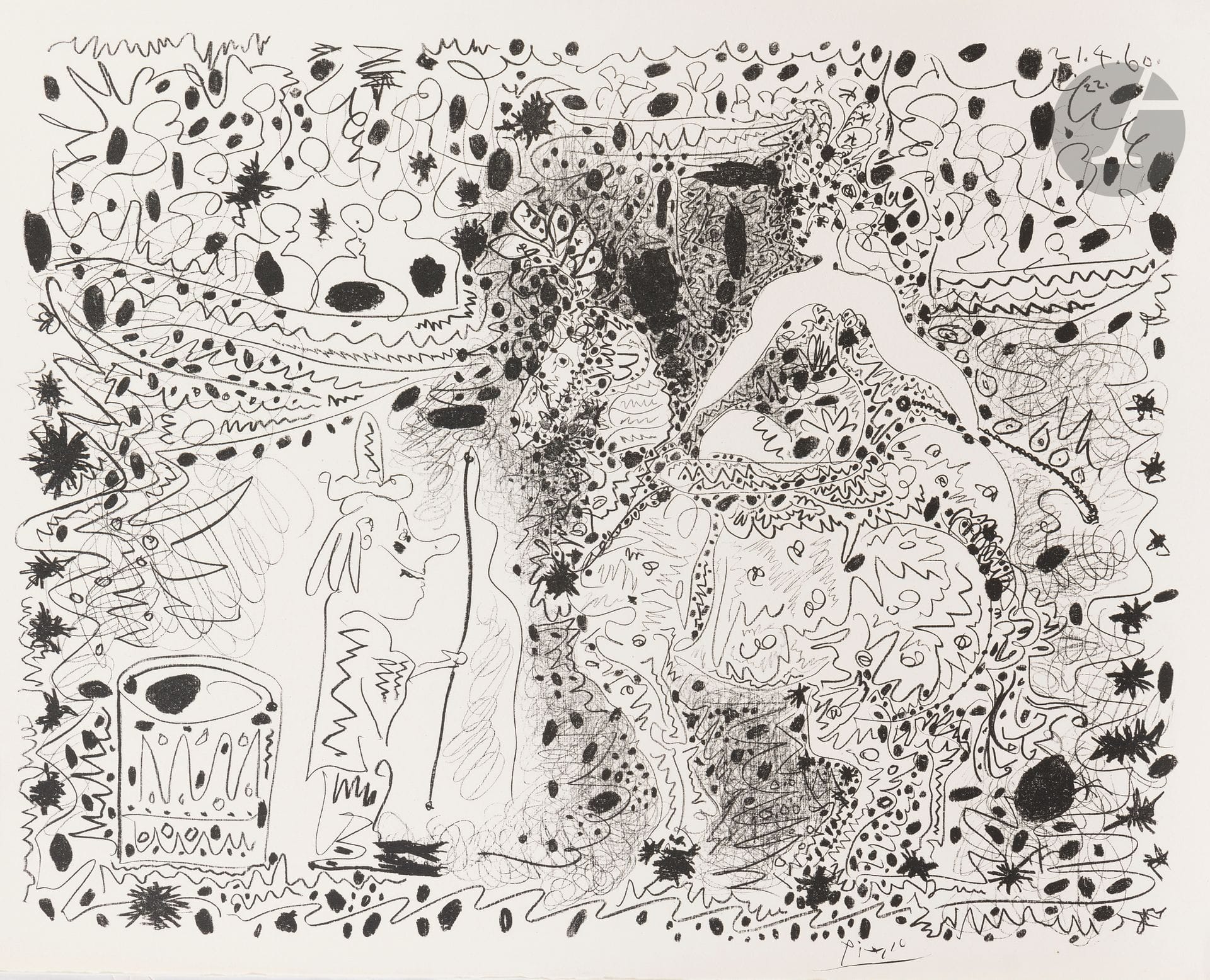 Pablo Picasso (1881-1973)
The Squire. 1960. Autograph. 640x500. Mourlot 333; Bloch 999; Güse-Rau 699. Perfect proof on white vellum, from the numbered edition for the newspaper Le Patriote (Nice). Full margins.