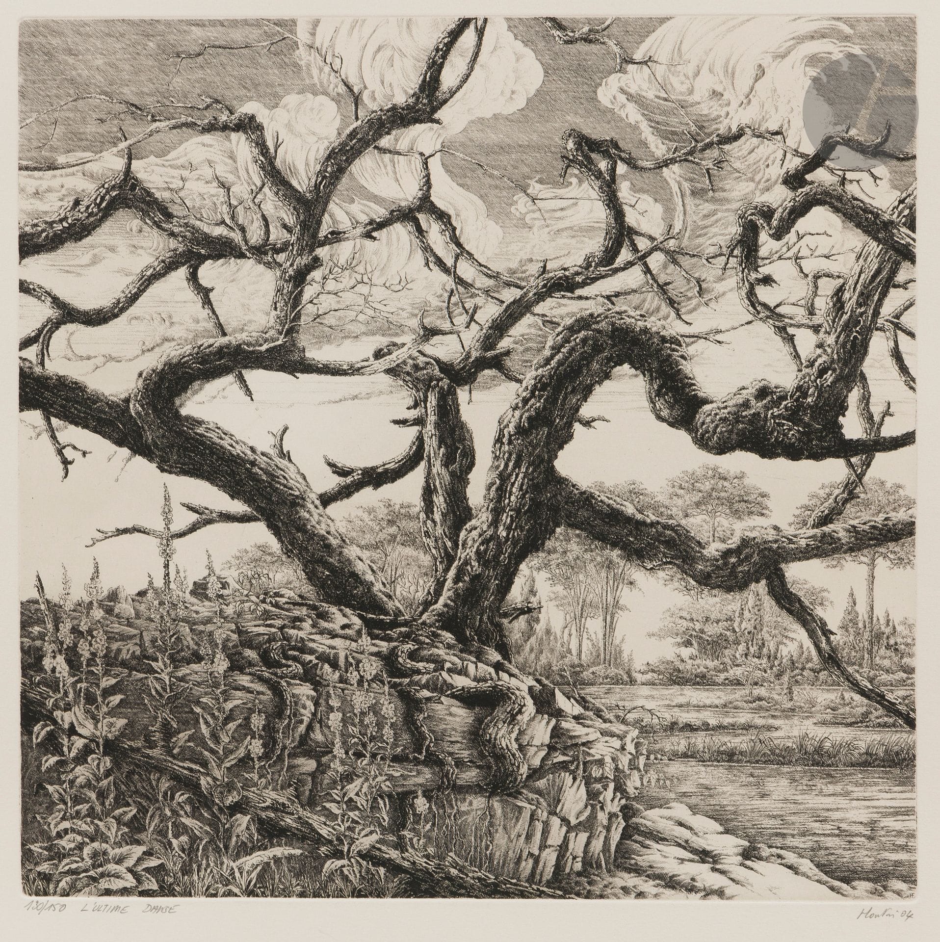 François Houtin (né en 1953)
L’Ultime danse. 2004. Eau-forte. 345x345. Parfaite épreuve sur vélin blanc, numérotée, titrée, signée et datée au crayon. Toutes marges. Tirage à 150 épreuves. Éd. de la Société des Peintres-Graveurs (sans le timbre sec).