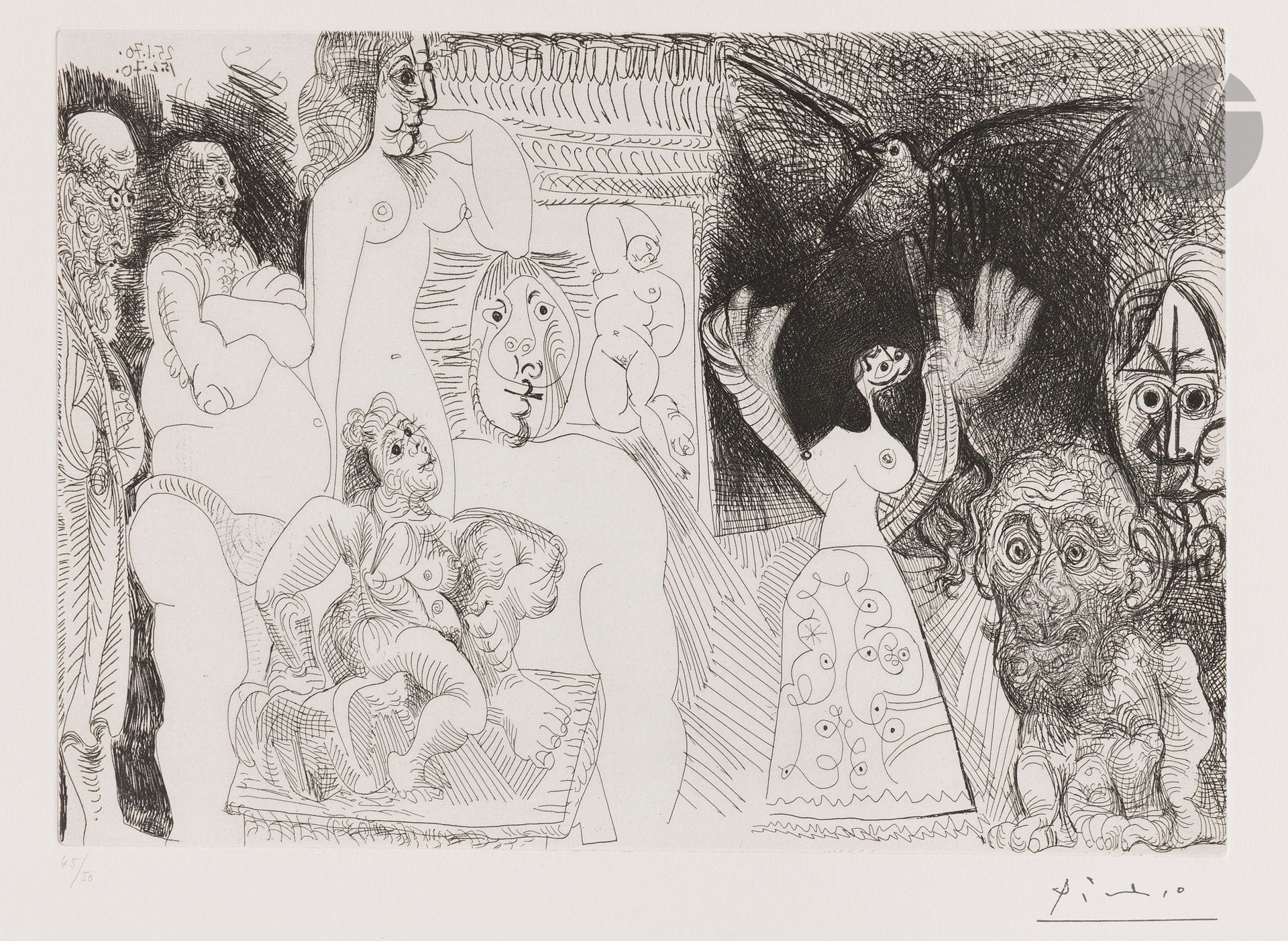 Pablo Picasso (1881-1973)
Autoportrait dédoublé, maja au pigeon... (Les 156, pl. 5). 25 janvier-15 février 1970. Eau-forte. 325x230. Bloch 1860; Baer 1865 IV. Parfaite épreuve sur vélin crème, numérotée au crayon et revêtue du timbre de la signature (Lugt 2026e). Toutes marges. Tirage à 50 épreuves. Galerie Louise Leiris éd. (1978).