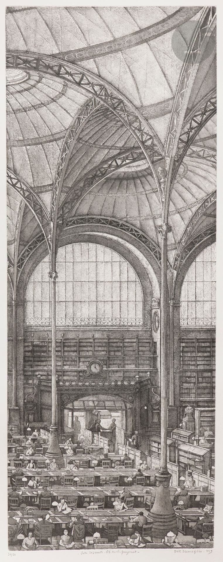 Érik Desmazières (b. 1948) 
Salle Labrouste, North side, fragment. (Pl. 3 for Le Magasin central des Imprimés). 2013. Etching and aquatint. 236x620. Very fine, fresh proof on white vellum, numbered, titled, signed and dated in pencil. All margins. Edition of 60 proofs.