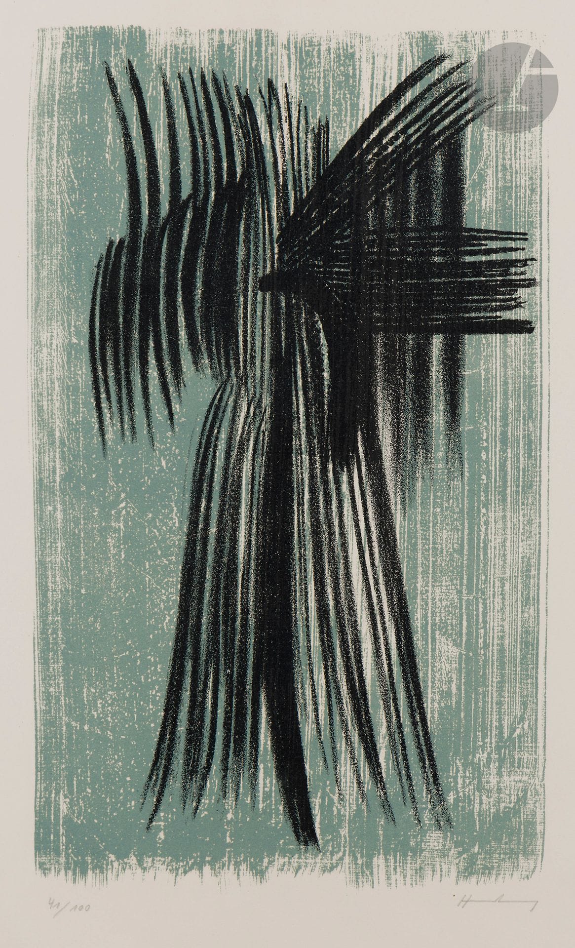 Hans Hartung (1904-1989) 
L 26. 1957. Autographie. 312x495. Mason 102. Impression en couleurs. Très belle épreuve sur vélin crème, numérotée et signée au crayon, légèrement insolée. Toutes marges. Tirage à 100 épreuves. J. Pons, Paris, H. Marbach, Berne, éd. Cadre.