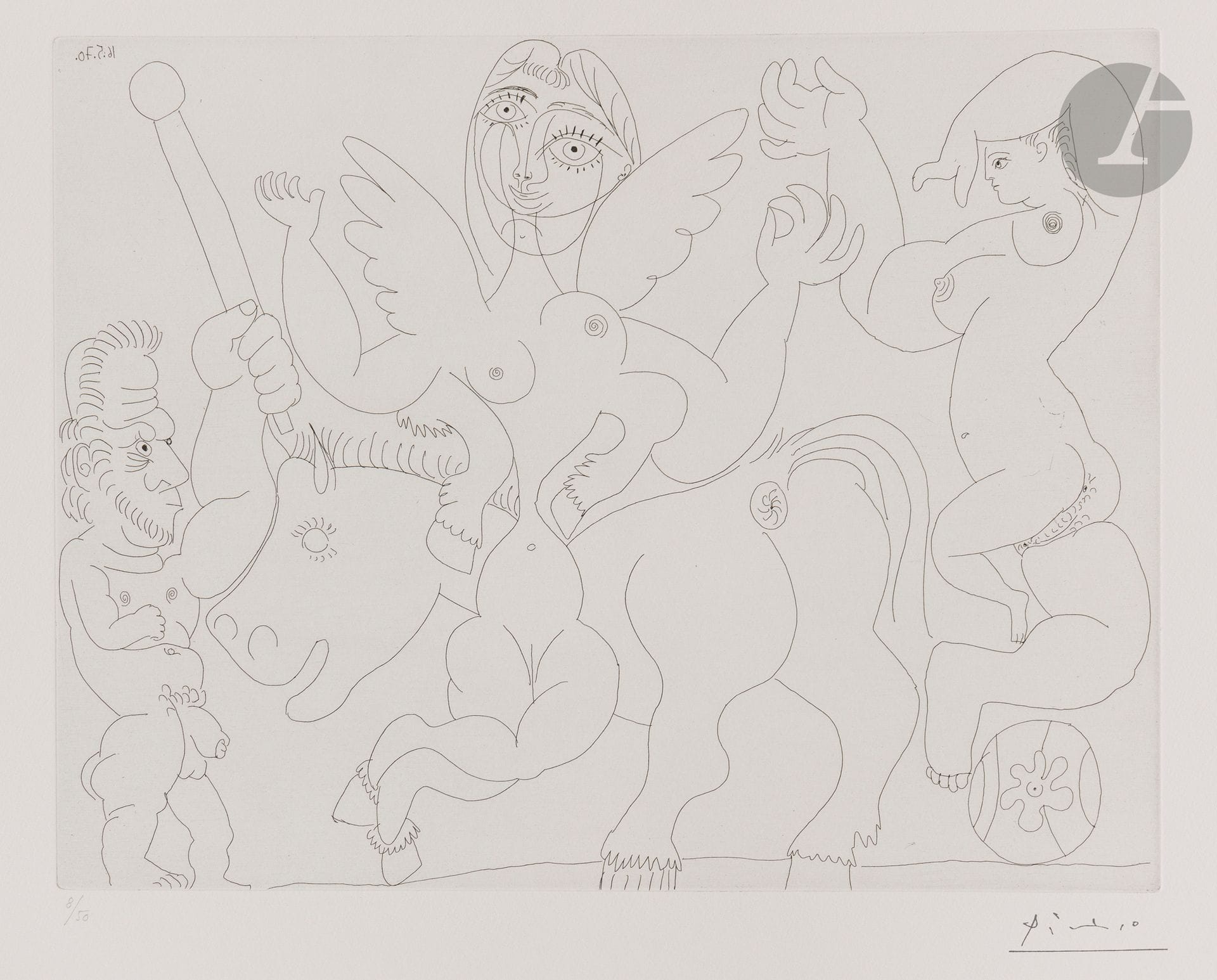 Pablo Picasso (1881-1973)
Dompteur, écuyère-jument ailée, et acrobate à la boule. (Les 156, pl. 50). 16 mai 1970. Eau-forte. 347x270. Bloch 1905 ; Baer 1911. Parfaite épreuve sur vélin crème, numérotée au crayon et revêtue du timbre de la signature (Lugt 2026e). Toutes marges. Tirage à 50 épreuves. Galerie Louise Leiris éd. (1978).