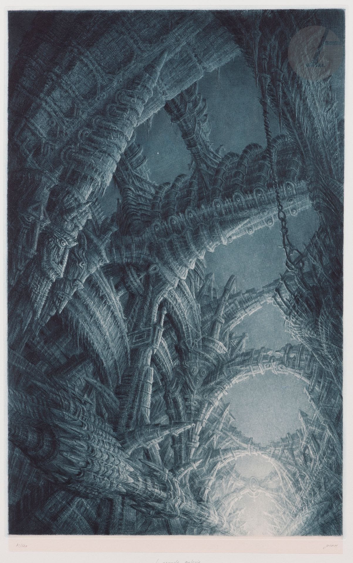 Jean-Michel Mathieux-Marie (né en 1947)
La Grande galerie. 2012. Pointe sèche. 282x432. Parfaite épreuve tirée en bleu sur bulle rosâtre appliqué, numérotée et signée des initiales au crayon, puis titrée en-dessous. Toutes marges. Tirage à 120 épreuves. Éd. de la Société des Peintres-Graveurs (timbre sec: Lugt 1195a).