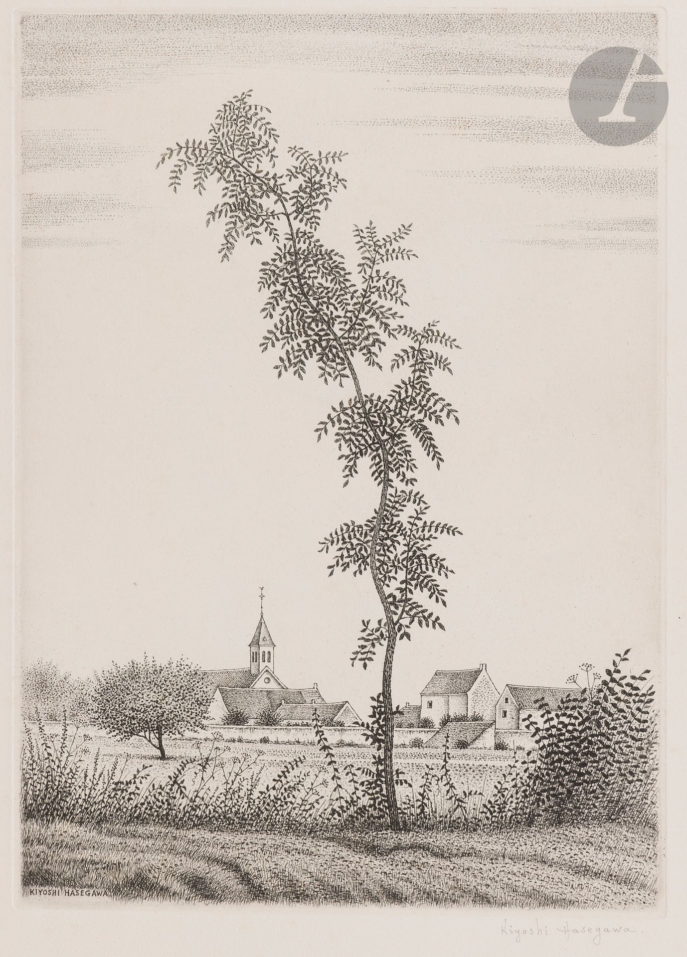 Kiyoshi Hasegawa (Japanese, 1891-1980)
A tree and a village church. 1959. Etching. 238x334. Reifushobo 313. A very fine, fresh proof on vellum, signed in pencil. A small foxing in the lower right corner. Full margins. Dry stamp: Société des Peintres-Graveurs Français (Lugt 1195a).