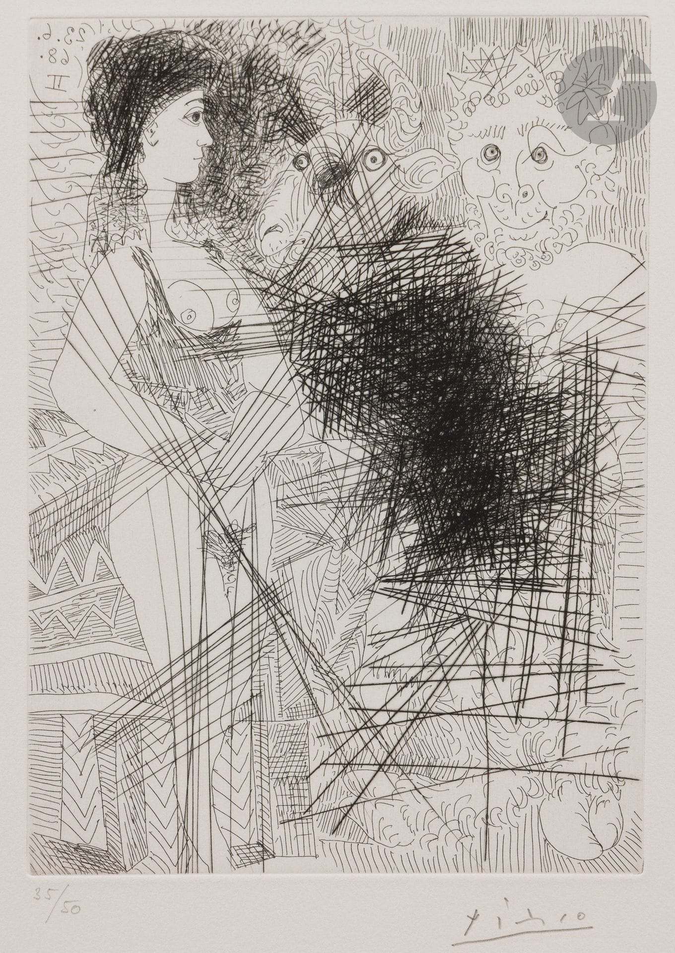 Pablo Picasso (1881-1973)
Jeune femme en liquette, faune et tête de bouc. (Les 347, pl. 182). 23 juin 1968. Eau-forte. 145x207. Bloch 1662; Baer 1678 II. Parfaite épreuve sur vélin crème, numérotée et signée au crayon. Toutes marges. Tirage à 50 épreuves. Galerie Louise Leiris éd.