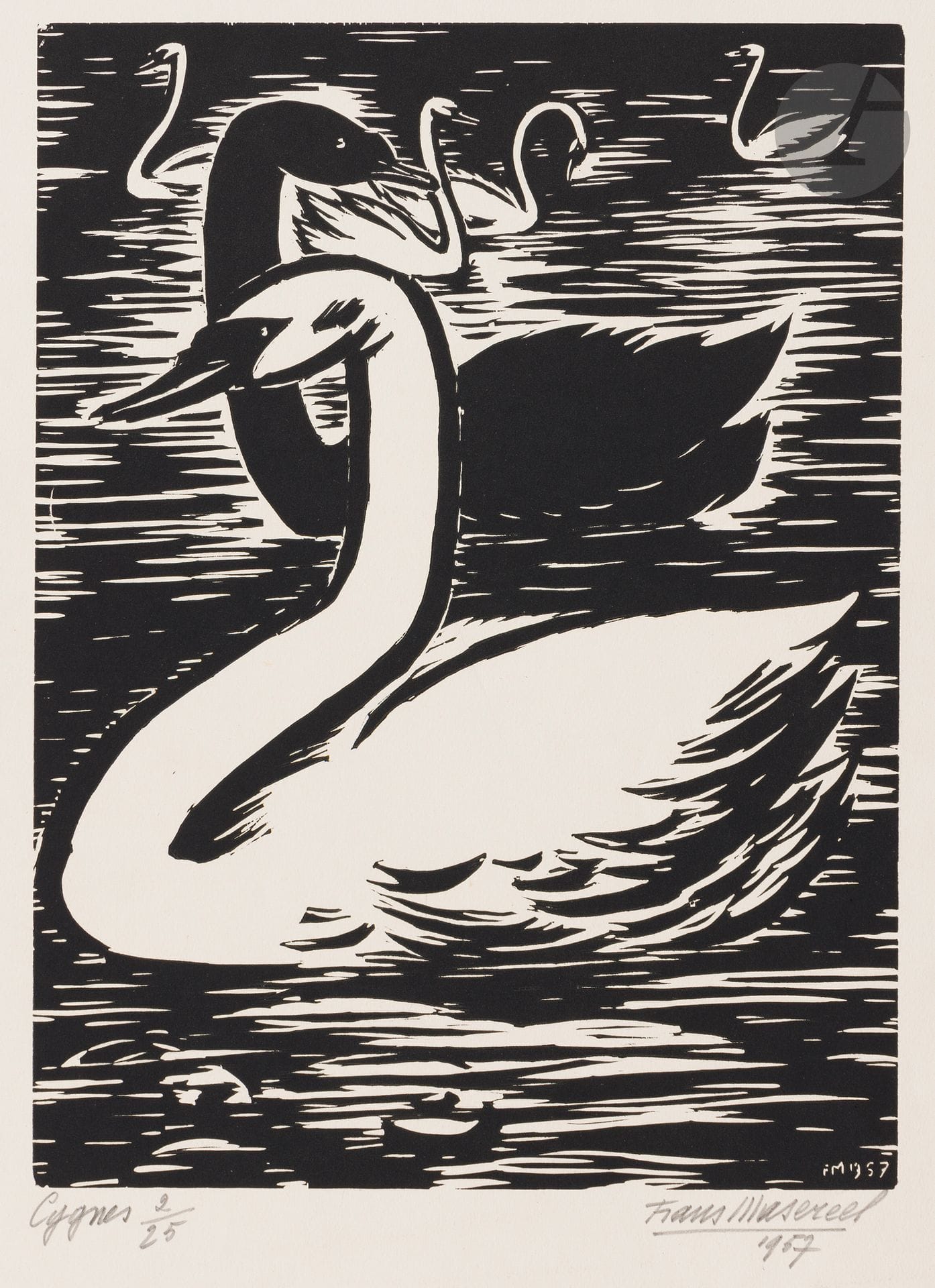 Frans Masereel (belge, 1889-1972)
Cygnes. 1957. Bois gravé. 228x310. Très belle épreuve sur vélin ivoire, titrée, numérotée, signée et datée au crayon. Toutes marges. Tirage à 25 épreuves.