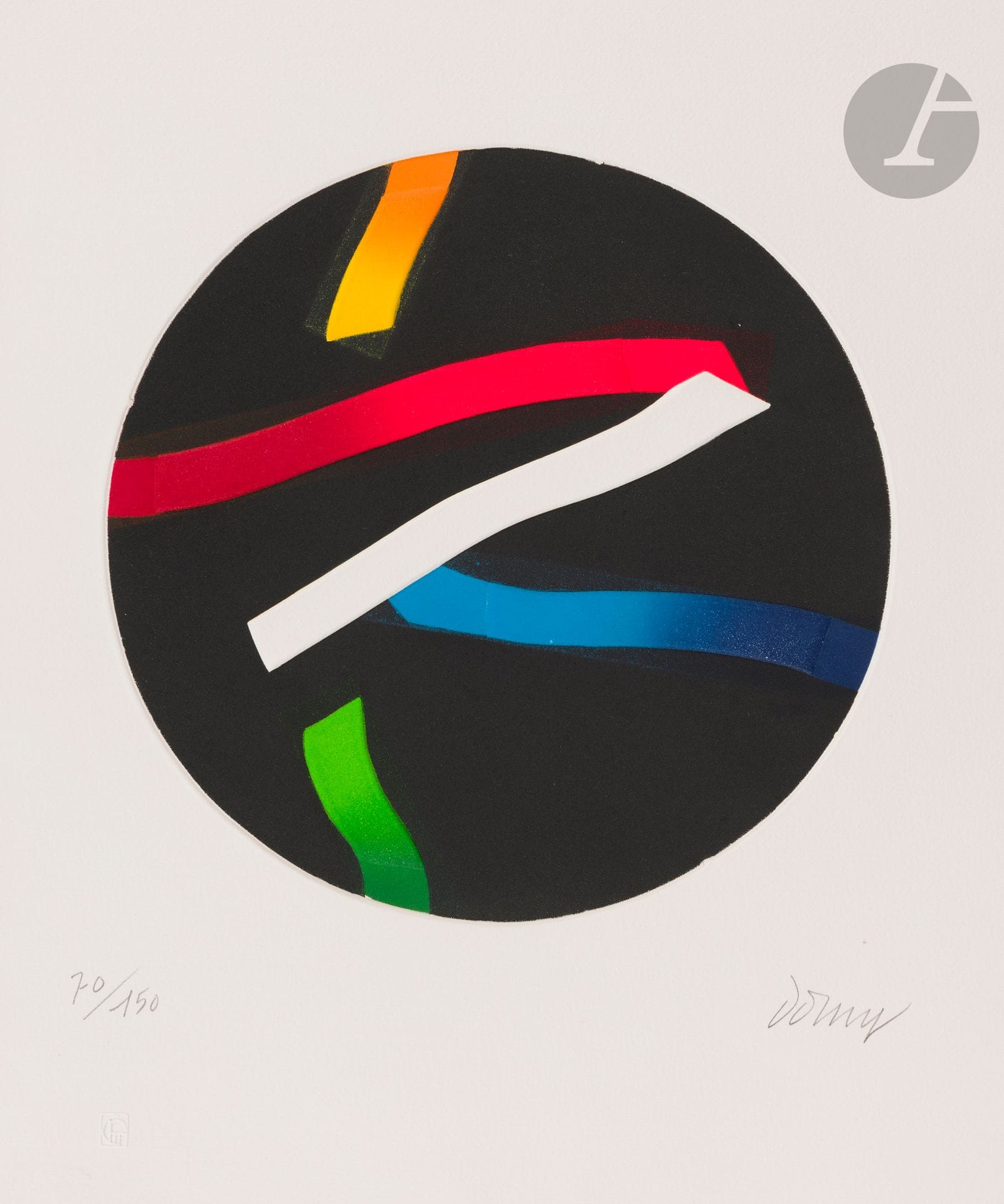 Bertrand Dorny (1931-2015)
N°585. 1989. Aquatinte et gaufrage sur deux zincs. Diamètre 280. Arnaud 585. Impression en couleurs. Parfaite épreuve sur vélin blanc fort, numérotée et signée au crayon. Toutes marges. Tirage à 150 épreuves. Éd. de la Société des Peintres-Graveurs (timbre sec: Lugt 1195a).
