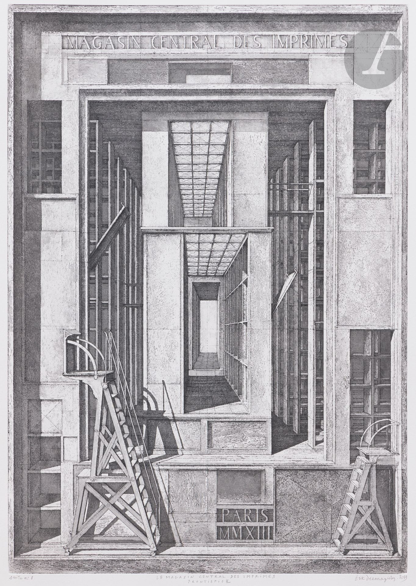 Érik Desmazières (b. 1948) 
The Central Print Shop. 2013. A large album in-fol. [465x765], containing the complete suite of the frontispiece and 6 pl. etching, aquatint and roulette. Each [445x740]. Very fine, fresh proofs on white vellum, annotated, titled, signed and dated in pencil. Suite no. 8, from an edition of 75. Brown cloth portfolio with illustrated engraved title pasted on the upper cover.