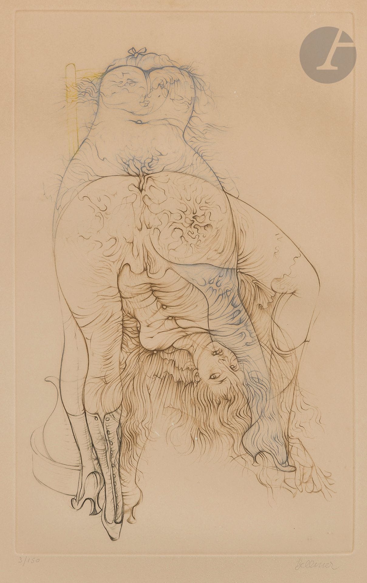 Hans Bellmer (1902-1975)
La Toilette, ou L’Envers vaut l’endroit. 1970. Burin par Cécile Reims. À vue: 480x640. Flahutez74. Impression en couleurs. Très belle épreuve sur vélin jaune ivoire, numérotée et signée au crayon. Toutes marges. Tirage à 150 épreuves (100 selon Flahutez). Magaglio éd. Cadre.