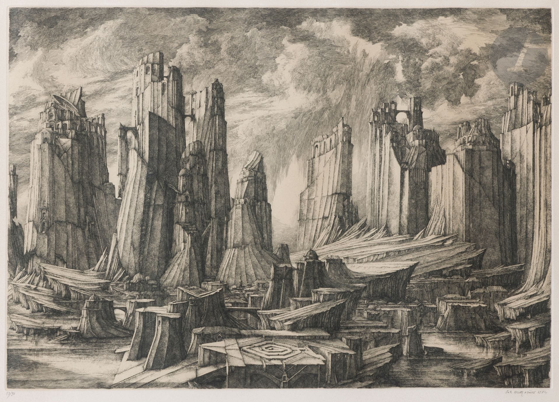 Érik Desmazières (né en 1948) 
Ville septentrionale. 1984. Eau-forte. 597x414. Fitch 77. Belle épreuve sur vélin, numérotée, signée et datée au crayon, légèrement oxydée (avec petites traces blanches au bord droit). Toutes marges. Tirage à 90 épreuves. Cadre.