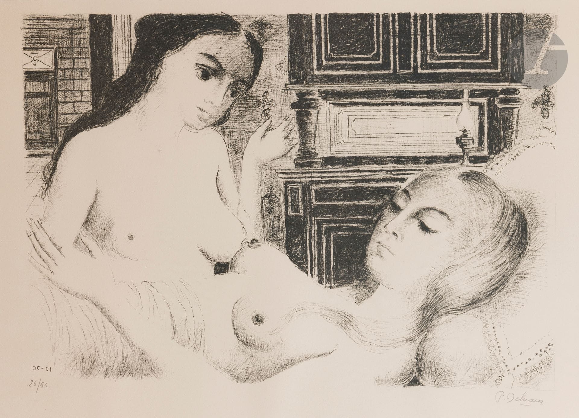Paul Delvaux (Belgian, 1897-1994)
Le Sommeil. 1970. Lithograph. Sight: 890x610, Jacob 44. Very fine proof on vellum, numbered and signed in pencil, slightly sunned. Full margins. Edition of 50 proofs. Framed.
N.B.: thin horizontal fold of approx. 5 cm in right margin.