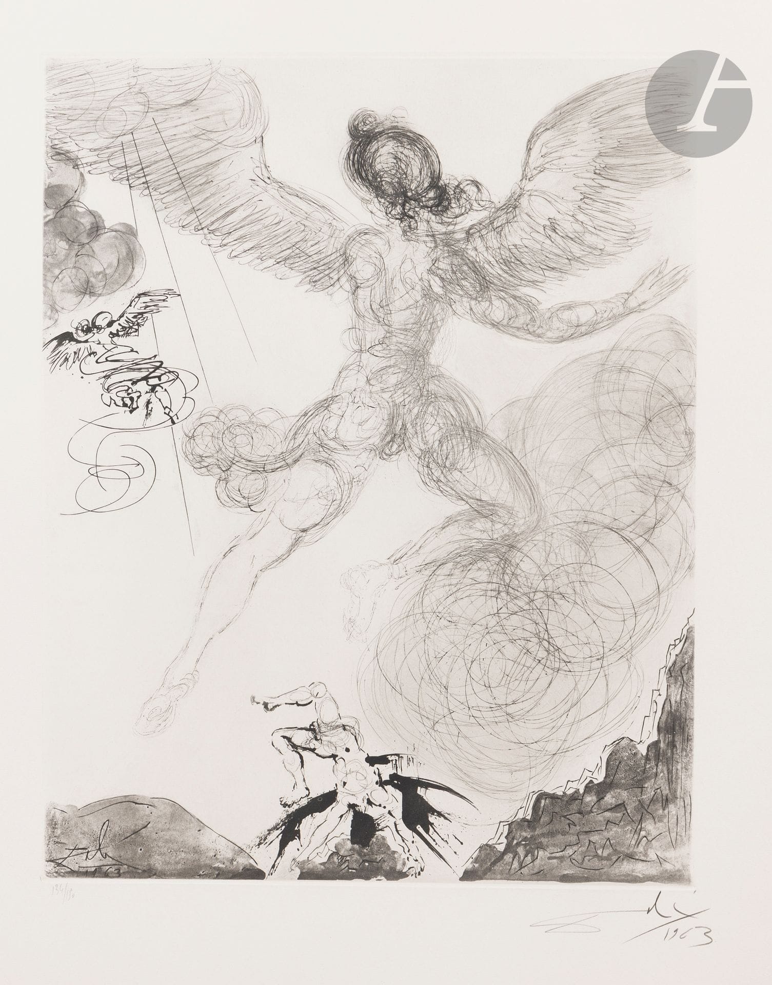 Salvador Dalí (1904-1989)
Icarus (Mythology, pl. 6). 1963-1965. Heliogravure and drypoint. 500x398. Michler and Löpsinger 121. Very fine, fresh proof on "Arches" watermarked vellum, numbered, signed and dated "1963" in pencil. Very light trace of oxidation at the edges of the folio. Full margins. Edition of 150 proofs. Argillet ed.