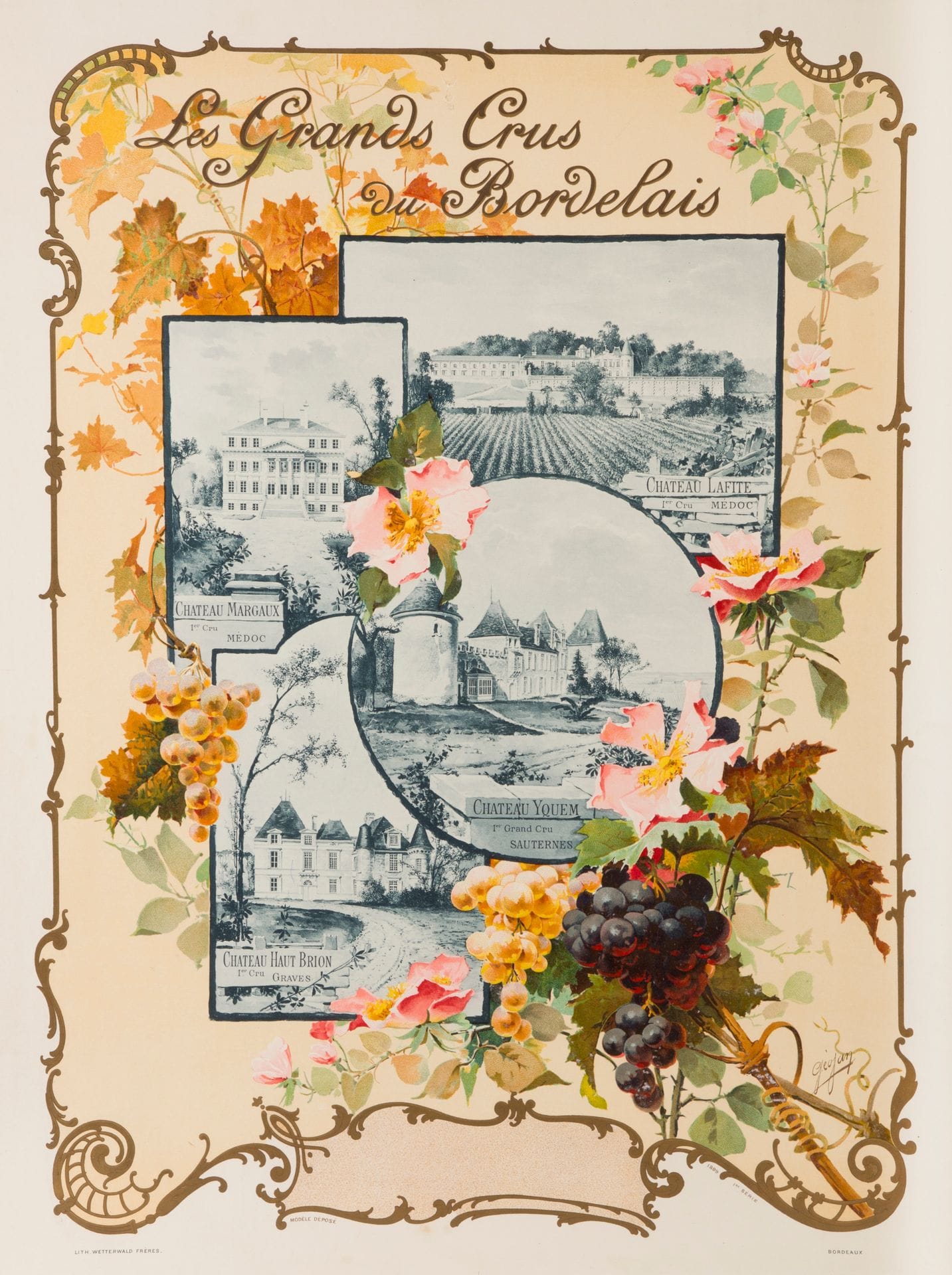 GEOJAN (19th-20th century)
Les Grands Crus du bordelais, Château Lafite, Château Margaux, Château Yquem, Château Haut Brion, 1899 - First series
Chromolithograph. Wrapped.
Lith. Wetterwald frères. Signed lower right.
(Very good condition).
63 x 48.5 cm