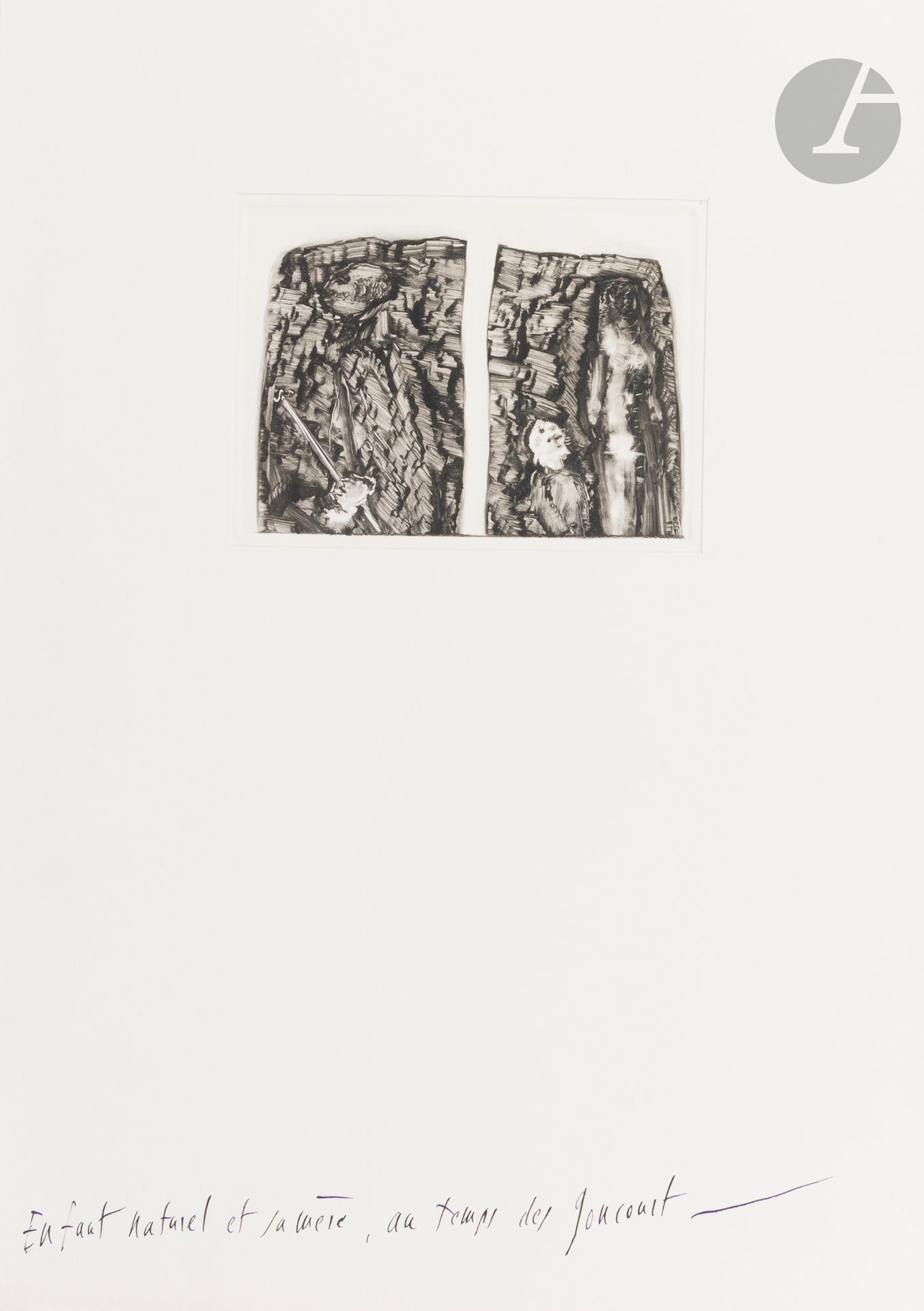 CORTOT (Jean).
Chroniques.
S.l., 1965. — Grand in-folio, 570 x 380. En feuilles, couverture rempliée, chemise en toile écrue avec fenêtre laissant apparaître le titre de l’ouvrage gravé, emboîtage de l’éditeur.

Album, semble-t-il unique, de 45 monotypes originaux du peintre Jean CORTOT (1925-2018), chacun d’un format différent et monté sous passe-partout de papier vélin d’Arches légendé à la main par l’artiste.

Exemplaire très bien conservé malgré une déchirure sans manque à la couverture.