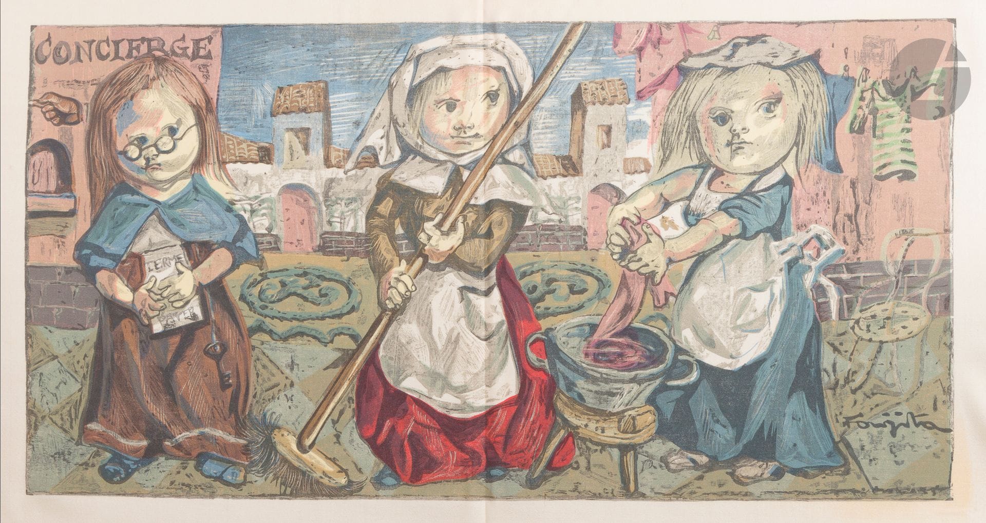 FOUJITA (Léonard).
Petits Métiers et gagne petit.
[Paris : Pierre de Tartas, éditions Rombaldi, 1960]. — In-folio, 373 x 280 : 118 pp., (5 FF. deux derniers blancs), couverture illustrée. En feuilles, emboîtage en toile bleue de l’éditeur.

Un des plus beaux ouvrages illustrés par Léonard FOUJITA (1886-1968).

Préfacée par Maurice Genevoix, l’édition regroupe des textes d’Albert Fournier accompagnés de 22 compositions de Léonard Foujita, gravées sur bois par Henri Renaud, dont une sur le titre, répétée sur la couverture, une à pleine page représentant un autoportrait de l’artiste, 18 dans le texte et 2 sur double page, toutes en couleurs sauf celle du titre en gris. L’ouvrage se termine avec un texte de Guy Dornand intitulé Foujita Parisien de Tokyo.

Tirage annoncé à 262 exemplaires. Celui-ci, sur vélin d’Arches, n’est pas numéroté mais nominatif, spécialement imprimé pour Pierre Barthélémy, comprenant cet envoi autographe signée de l’artiste :

 à Mr Pierre Barthelemy // Hommages de l›artiste //   Leonard Foujita

L’exemplaire a été exceptionnellement enrichi des pièces suivantes :
- une suite spéciale des planches en couleurs sur grand vélin d’Arches (sans les épreuves des illustrations des pages 25 et 69), 
- deux épreuves sur soie, dont celle de la seconde illustration sur double page,
- la décomposition des couleurs de deux planches différentes,
- la lettre signée par l’éditeur Pierre du Tartas, à l’en-tête de la maison d’édition, qui était jointe, indiquant les pièces ajoutées dans cet exemplaire.

Emboîtage décoloré et présentant des usures à la toile.