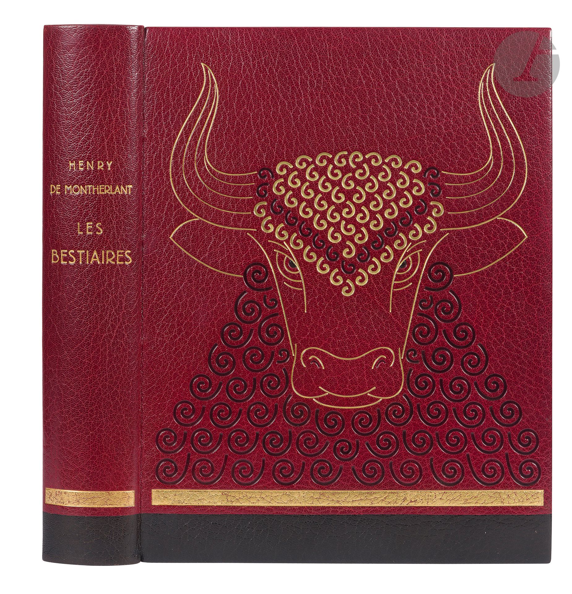 DELUERMOZ (Henri) - MONTHERLANT (Henry de).
Les Bestiaires.
Paris: Les Bibliophiles franco-suisses, 1932. - In-4, 306 x 238: (4 ff.), X pp., (1 f.), 305 pp., (3 ff.), illustrated cover. Red morocco, continuous band of black morocco on lower edge of boards and spine, topped by a gilt band, bull's head in front, drawn with gilt fillets and gilt and cold spiral motifs, smooth spine, red morocco framing inside, decorated with a black morocco band on the bottom and 3 gilded fillets, black satin lining, red silk endpapers, double endpapers, gilded edges on witnesses, cover preserved, black morocco spine folder and flap bands, lined slipcase (G. Cretté successor to Marius Michel).

Edition published on the initiative and by the care of Jules Exbrayat, illustrated with 52 original lithographs by Henri DULUERMOZ (1876-1943), printed in two tones, including 10 hors texte. The lithographs on the cover and title are also gilded.
Edition of 125 copies on japon; this one, number 25, was specially printed for Jules Exbrayat.

Superbly bound by Georges Cretté, it has been enriched with the following items:
- 2 L.A.S. from Montherlant to J. Exbrayat, concerning the work,
- 6 L.A.S. and an autograph postcard from Henri Deluermoz to J. Exbrayat, constituting a very fine correspondence on the genesis of the illustration. The postcard shows a bullfighting scene,
- a ticket for the show "Carmen et course deux toros" at the Bayonne bullring on August 13, 1933, 
- 6 original oil compositions, signed,
- 7 original sketches on test layouts,
- one of 2 suites of illustrations on japon pelure, 
- 2 proofs of the cover,
- 13 test plates in black before retouching on wove paper,
- dinner menu.
Perfectly preserved copy.

Provenance:
Jules Exbrayat, with bookplate (III, 1962, no. 205). - Mlle Dousse, with bookplate (June 23, 1976, no. 40).