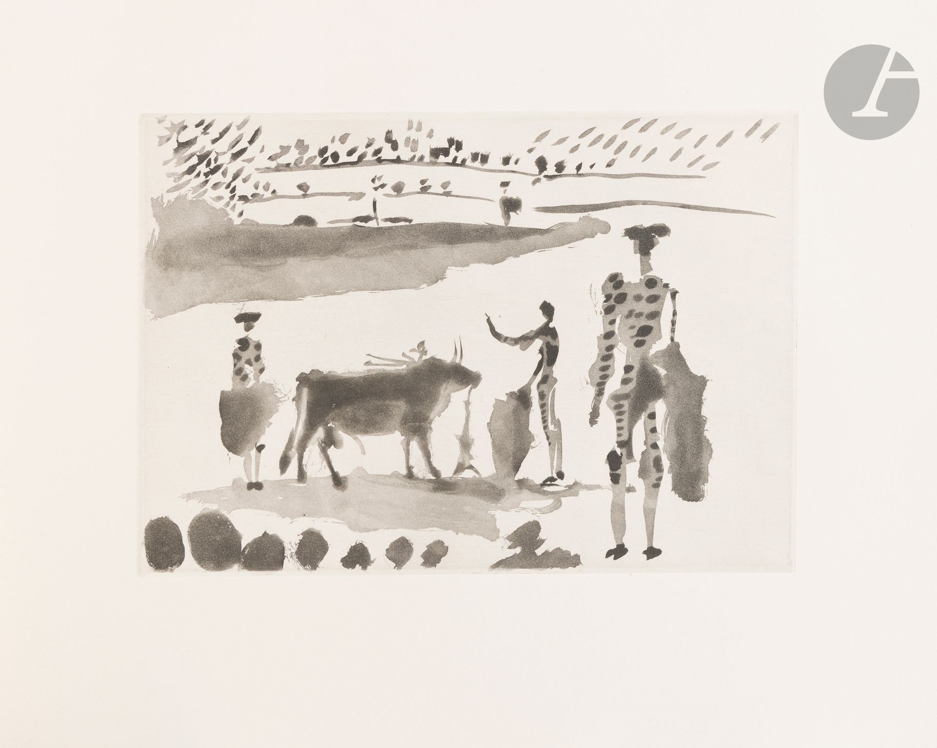 PICASSO (Pablo) - DELGADO Y GÁLVEZ (José).
La Tauromaquia o arte de torear. Obra utilisima para los toreros de profesion, para los aficionados y para toda clase de sujetos que gusten de toros por José Delgado alias Pepe Illo.
Barcelona: Gustavo Gili, 1959. - Oblong folio, 350 x 500: (2 blank ff.), 142 pp. (3 last blank ff.), 26 plates, illustrated cover. In sheets, parchment-covered cardboard folder and case with yellow cloth boards and parchment edges.

Cramer, no. 100.

Beautiful and highly sought-after edition of the famous and monumental treatise on bullfighting by 18th-century Spanish bullfighter José Delgado y Gálvez (1754-1801), known as Pepe Illo or Hillo, illustrated with a drypoint on the cover and 26 original, unsigned out-of-text sugar aquatints by Pablo PICASSO (1881-1973).

"This book had been commissioned by Gustavo Gili père in 1927 for his bibliophile collection "Ediciones de la Cometa" (...) Picasso had done some engravings (...); Henry de Montherlant wrote a preface; then the wars, in Spain and elsewhere, put an end to the project. Then, in 1956, Gustavo Gili fils reminded Picasso of the project. In the spring of 1957, in Cannes, a few days after the Easter bullfight he had attended in Arles, Picasso drew this light-and-shadow shorthand of a bullfight in copper, creating a modern counterpart to Goya's "La Tauromaquia" (1815). The 26 aquatints accompany the text of what was, in 1796, the first manual for bullfighters and "aficionados"; its author, the famous bullfighter Pepe Illo" (Cramer).

This edition was printed in an edition of 263 numbered copies on Guarro vellum, watermarked with a bull's head motif designed by Picasso.

This is one of 200 numbered from 31 to 250, and does not bear the artist's signature, but as Cramer explains: "The "achever d'imprimer" mistakenly states that all copies are signed in pencil by the artist, whereas a certain number are not.

Copy complete with the two brochures announcing the publication of the work, one containing reproductions of the 26 aquatints, the second, entitled La Cometa, with an introductory text in Spanish.

A perfectly preserved copy, in spite of a few rare foxing marks, as is almost always the case, notably on the false title. Some foxing to the plate entitled La Cometa.