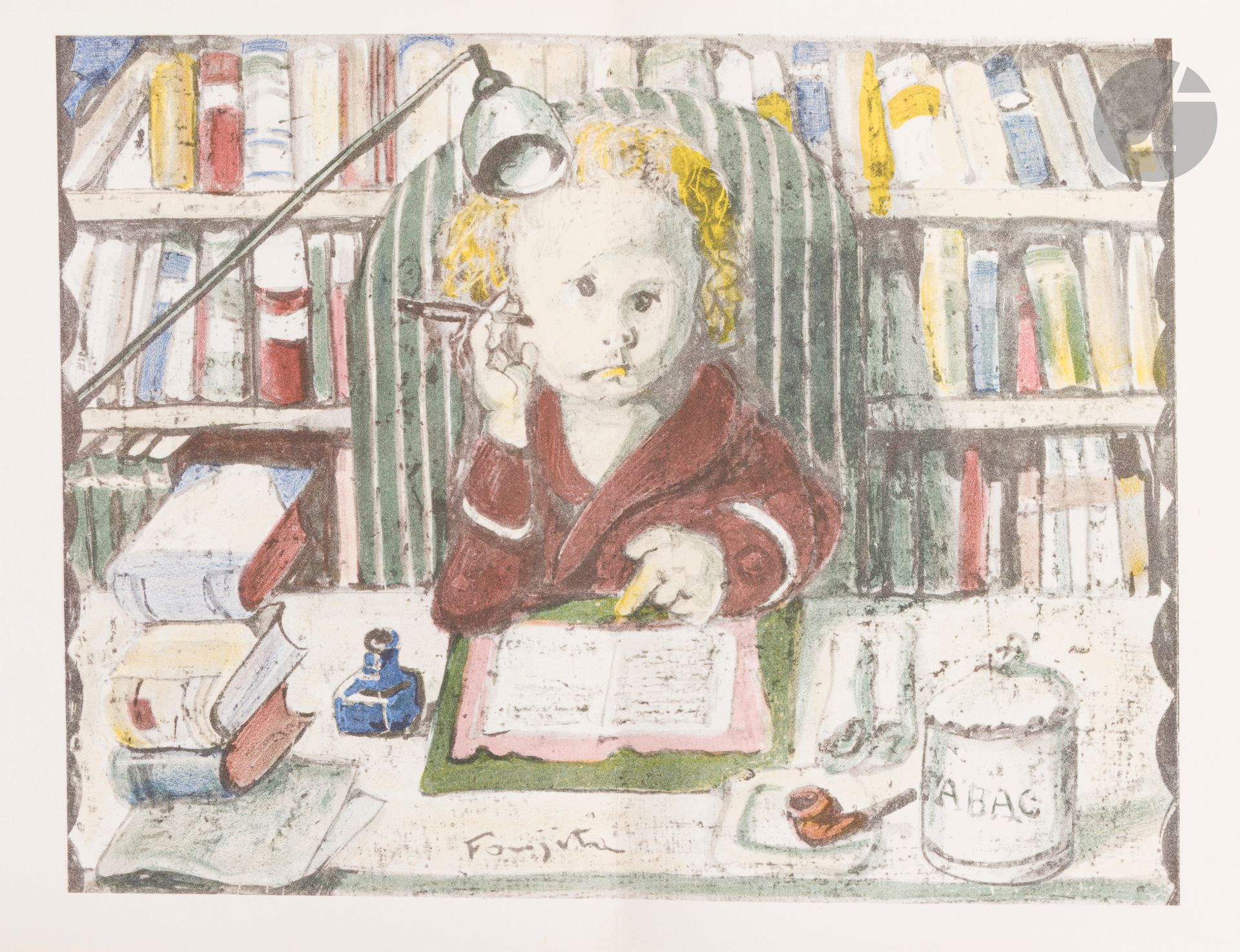FOUJITA (Léonard).
La Mésangère.
[Bièvres : Pierre du Tartas, 1963]. — In-folio, 365 x 280 : (4 ff. premier blanc), III pp., pp. 9-85, (3 ff. dernier blanc), couverture illustrée. En feuilles, couverture rempliée, emboîtage en toile rouge de l’éditeur.

Superbe édition préfacée par Jean Cocteau, illustrée de 20 lithographies originales signées dans la planche de Léonard FOUJITA (1886-1968), dont trois à pleine page, une sur double page et seize à trois-quarts page.

Tirage à 261 exemplaires signés par l’artiste à la justification.

Un des 210 sur grand vélin de Rives, celui-ci faisant partie des 50 sur ce papier comprenant une suite des lithographies sur vélin de Rives et une soie en couleurs signée par Foujita.

Exemplaire très bien conservé, sans la lithographie intitulée L’Académie française qui est plus souvent jointe aux exemplaires sur Rives sans suite.