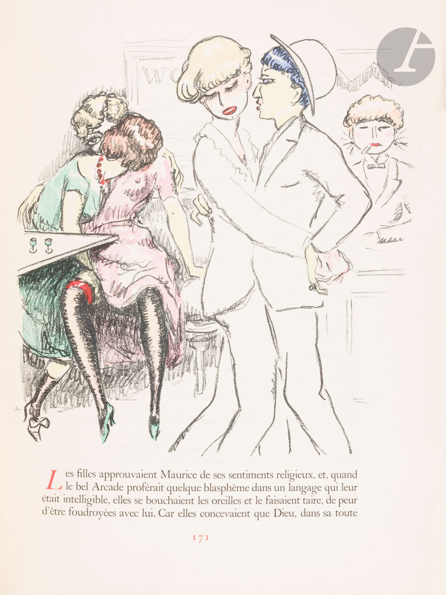 VAN DONGEN (Kees) - FRANCE (Anatole).
La Révolte des anges.
Paris : Scripta et Picta, 1951. — 2 volumes in-4 dont un de planche, 361 x 272 : (1 f. blanc), 220 pp., (5 ff. dernier blanc), couverture illustrée. Chagrin maroquiné bleu, titre du livre en lettres dorées sur le premier plat, dos lisse non rogné, couverture et dos conservés pour le volume de texte ; chemise à dos de chagrin maroquiné bleu à bandes à recouvrement pour le volume de suite, étui commun (V. Déro).

Superbe édition établie par le docteur A. Roudinesco, tirée à 225 exemplaires sur vélin de Lana plus quelques exemplaires nominatifs, illustrée de 58 lithographies originales en couleurs du peintre Kees VAN DONGEN (1877-1968).

Précieux exemplaire, spécialement imprimé pour Luc Roudinesco, enrichi dans un volume à part d’une épreuve d’essai de 48 feuillets du livre, d’une planche refusée en noir, et d’une double suite en noir et en couleurs sur vélin de Lana de toutes les illustrations.

Exemplaire parfaitement conservé, en élégante et sobre reliure de Véronique Déro.
