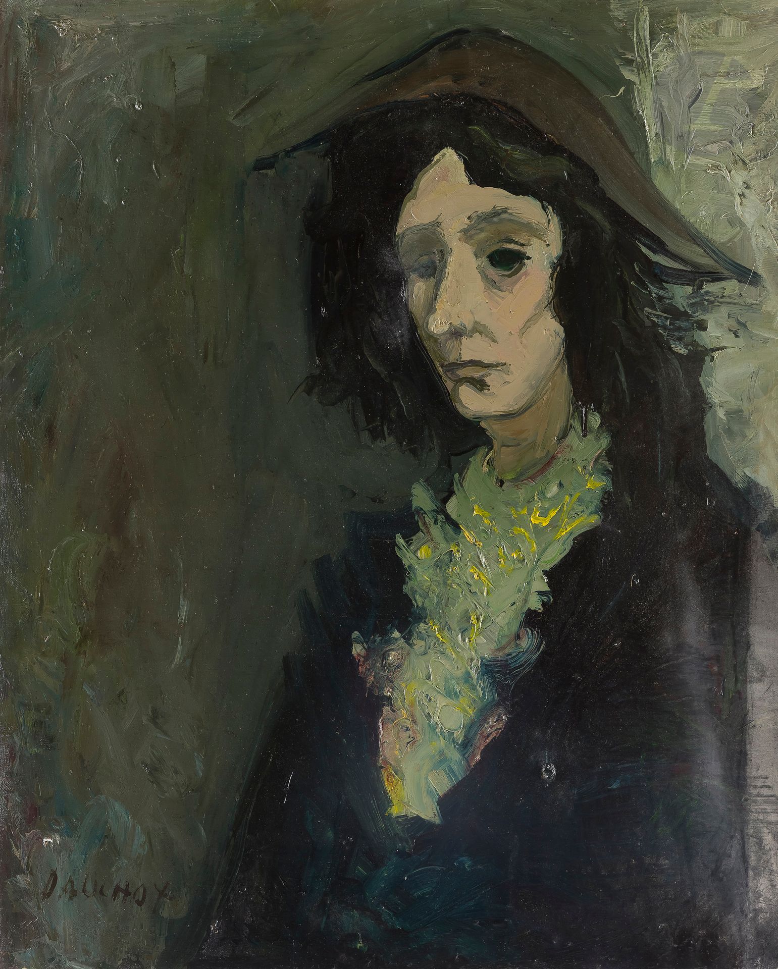Gabriel DAUCHOT (1927-2005)
La Femme au jabot vert
Huile sur toile.
Signée en bas à gauche.
(Doublée).
81 x 65 cm

Bibliographie : 
Éric Mercier, Années 50, La Jeune peinture, Panorama de la Jeune Peinture, Tome II, Zurich, Artacatos, 2010, reproduit p. 153.