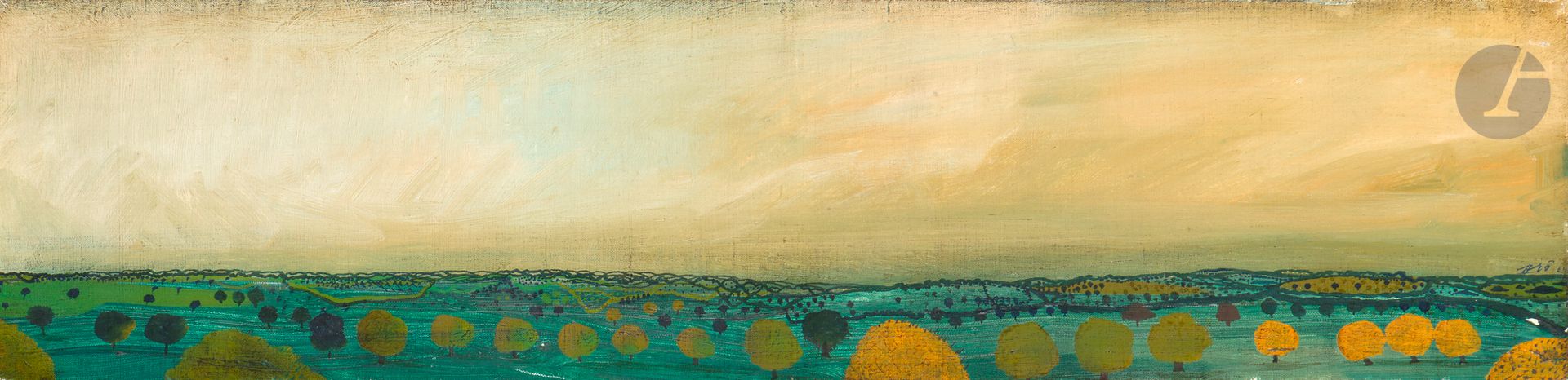 René BRÔ (1930-1986)
La Pluie arrive, 1964
Huile sur toile.
Signée et datée en bas à droite.
Signée et titrée au dos.
(Petit manque, salissures).
20 x 80 cm