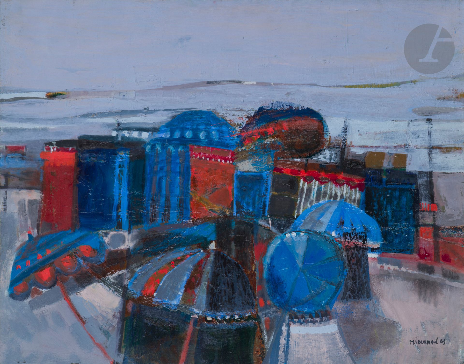 Monique JOURNOD (née en 1935)
Les Tentes de plage, 1963
Huile sur toile.
Signée en bas à droite.
54 x 65 cm

Provenance : 
Galerie Framond, Paris (étiquette au dos sur le châssis).