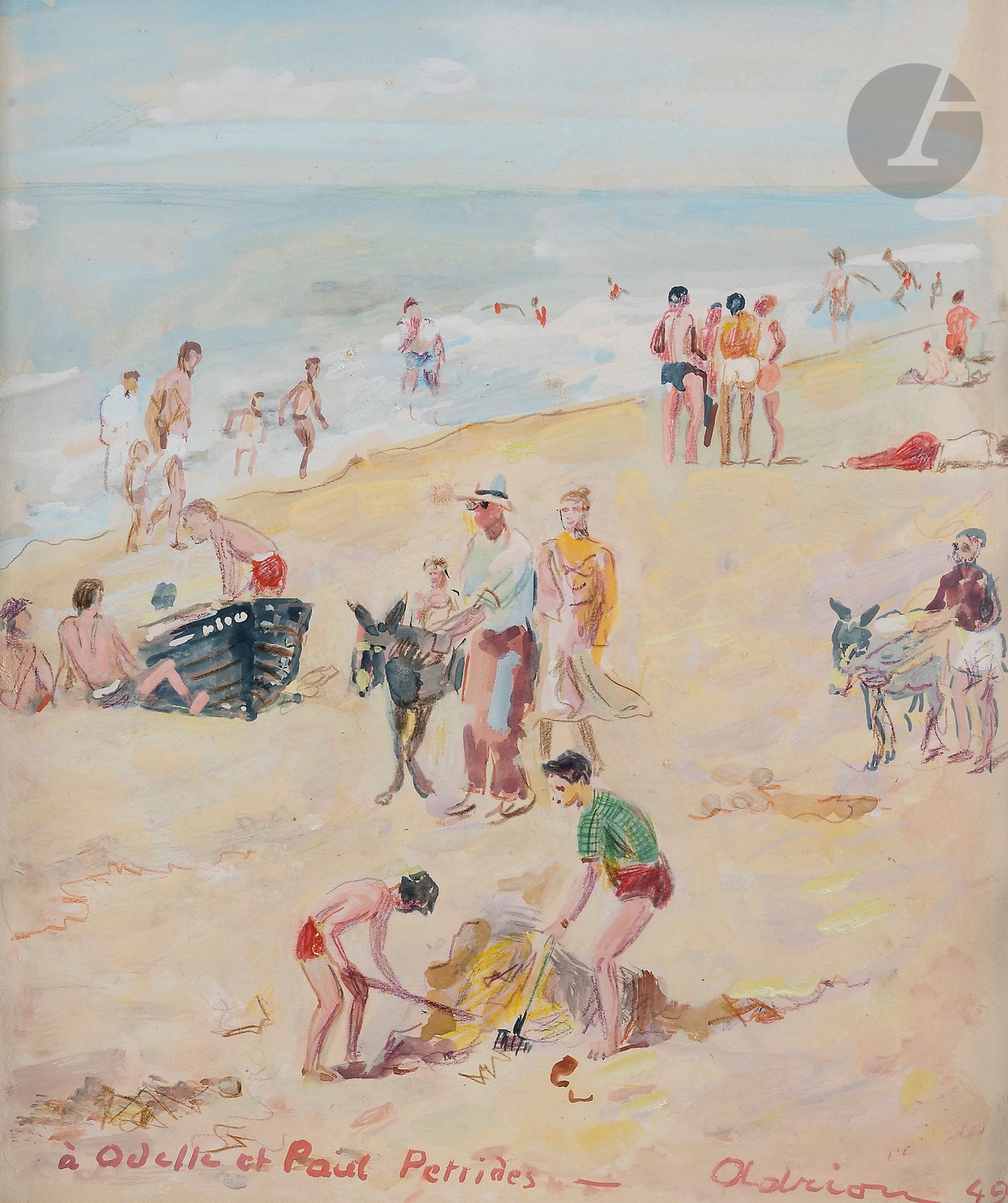 Lucien ADRION (1889-1953)
La Plage, 1949
Gouache.
Signée et datée en bas à droite.
Dédicacée " à Odette et Paul Pétridès ".
28 x 23 cm
