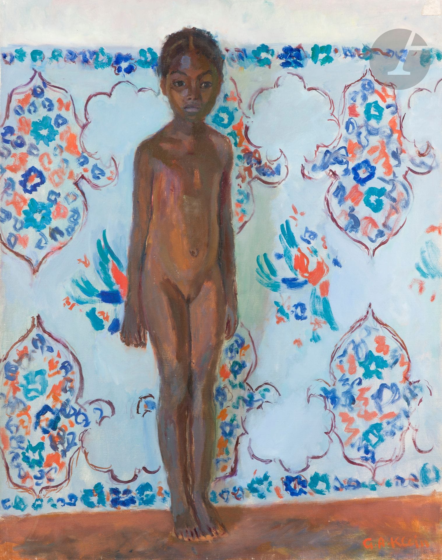 Georges André KLEIN (1901-1992)
Tsiampela, Petite fille nue au coquillage, 1958
Huile sur toile.
Signée en bas à droite.
81 x 60 cm

Provenance : 
Galerie Bourdette-Gorzkowski, Honfleur (étiquette au dos).