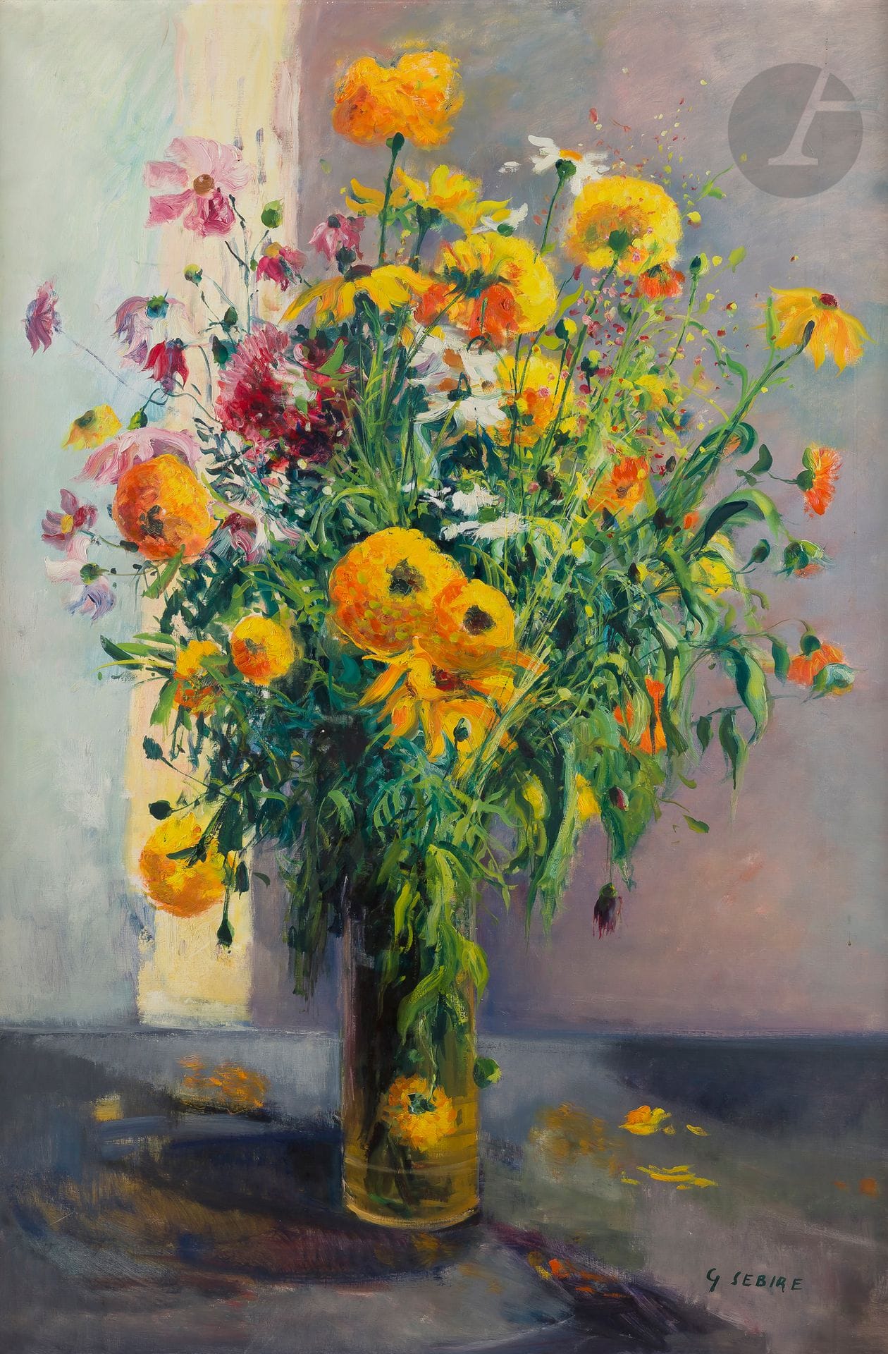 Gaston SÉBIRE (1920-2001)
Le Bouquet jaune
Huile sur toile.
Signée en bas à droite.
Signée et titrée au dos.
146 x 97 cm