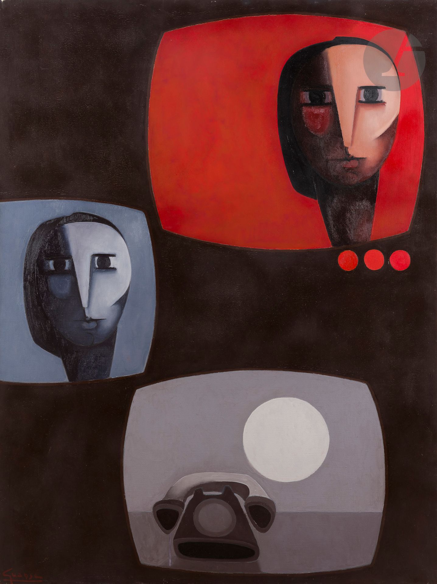 Antonio GUANSE (1926-2008)
Une T.V couleur, 1974-80
Huile sur toile.
Signée en bas à gauche.
Signée, datée et titrée au dos.
130 x 97 cm