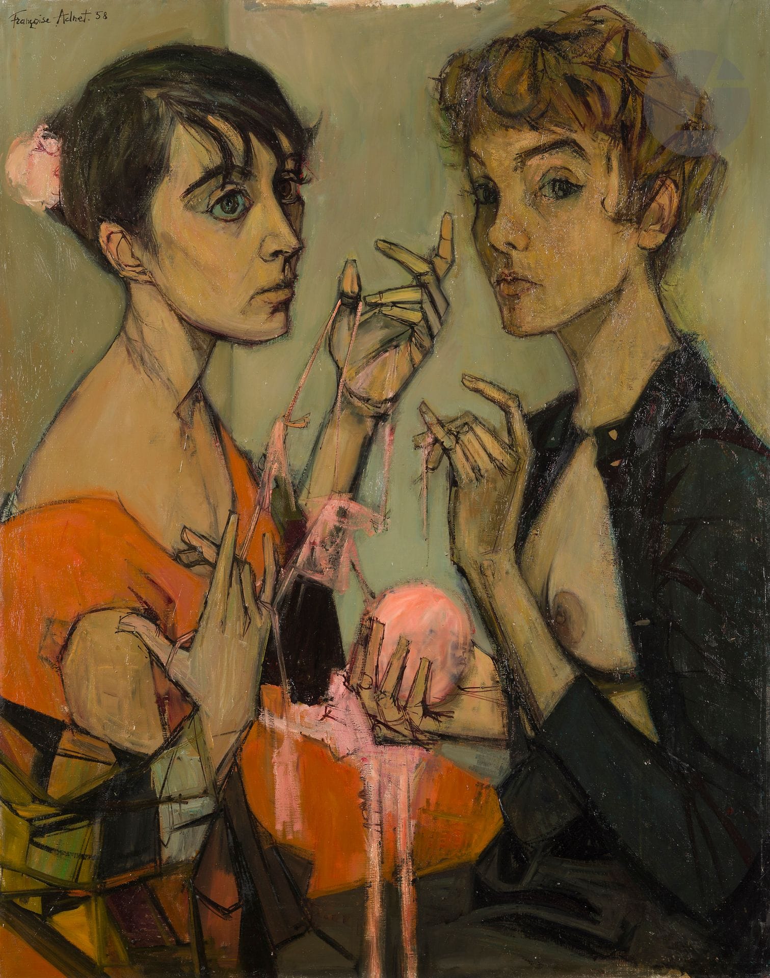 Françoise ADNET (1924-2004)
Les Deux amies, 1958
Huile sur toile.
Signée et datée en haut à gauche.
Signée et titrée au dos.
100 x 81 cm

Provenance : 
Vente Piasa, Paris, 12 décembre 1997.

Bibliographie : 
Éric Mercier, Années 50, La Jeune Peinture, Tome I, Zurich, Éditions Artacatos, reproduit p. 319.

Il s'agit de l'autoportrait de Françoise Adnet représentée à gauche.