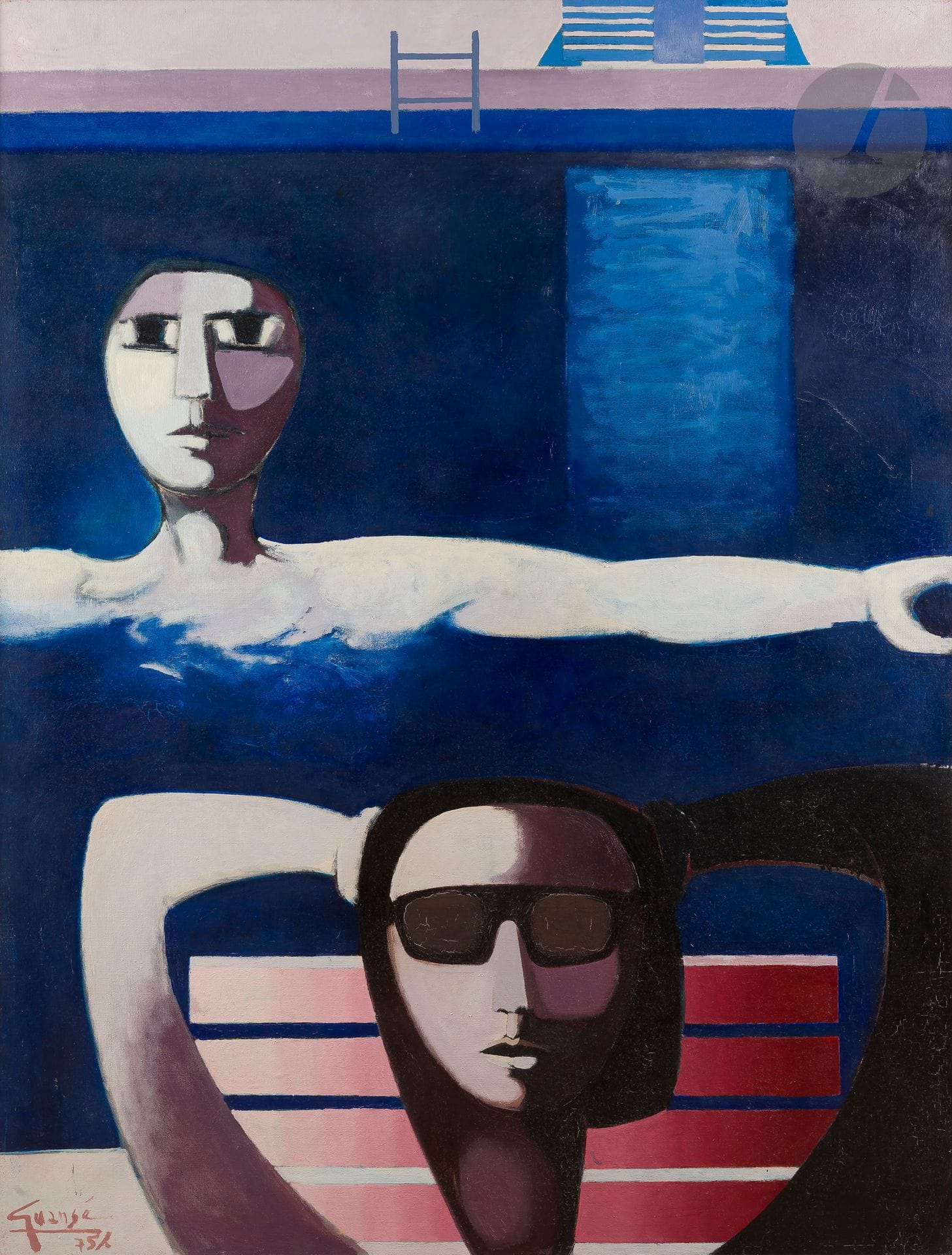 Antonio GUANSE (1926-2008)
Dos à l'eau, 1975
Huile sur toile.
Signée et datée en bas à gauche.
Titrée au dos.
130 x 97 cm