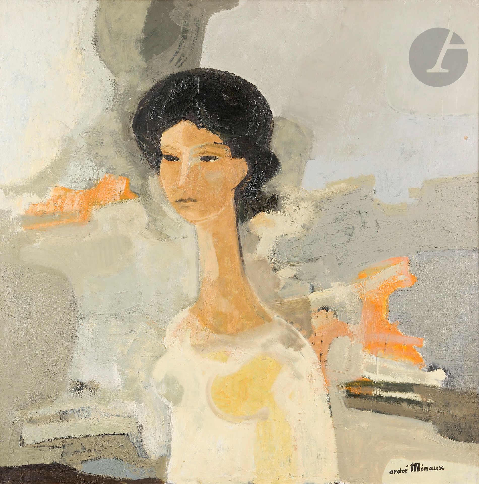 André MINAUX (1923-1986)
Portrait de femme
Huile sur toile.
Signée en bas à gauche.
(Petit manque).
100 x 100 cm

Provenance : 
- Findlay Galleries, New York (tampon au dos sur le châssis). 
- Collection M. Krinbarg, trésorier de la Société des Peintres-Graveurs Français