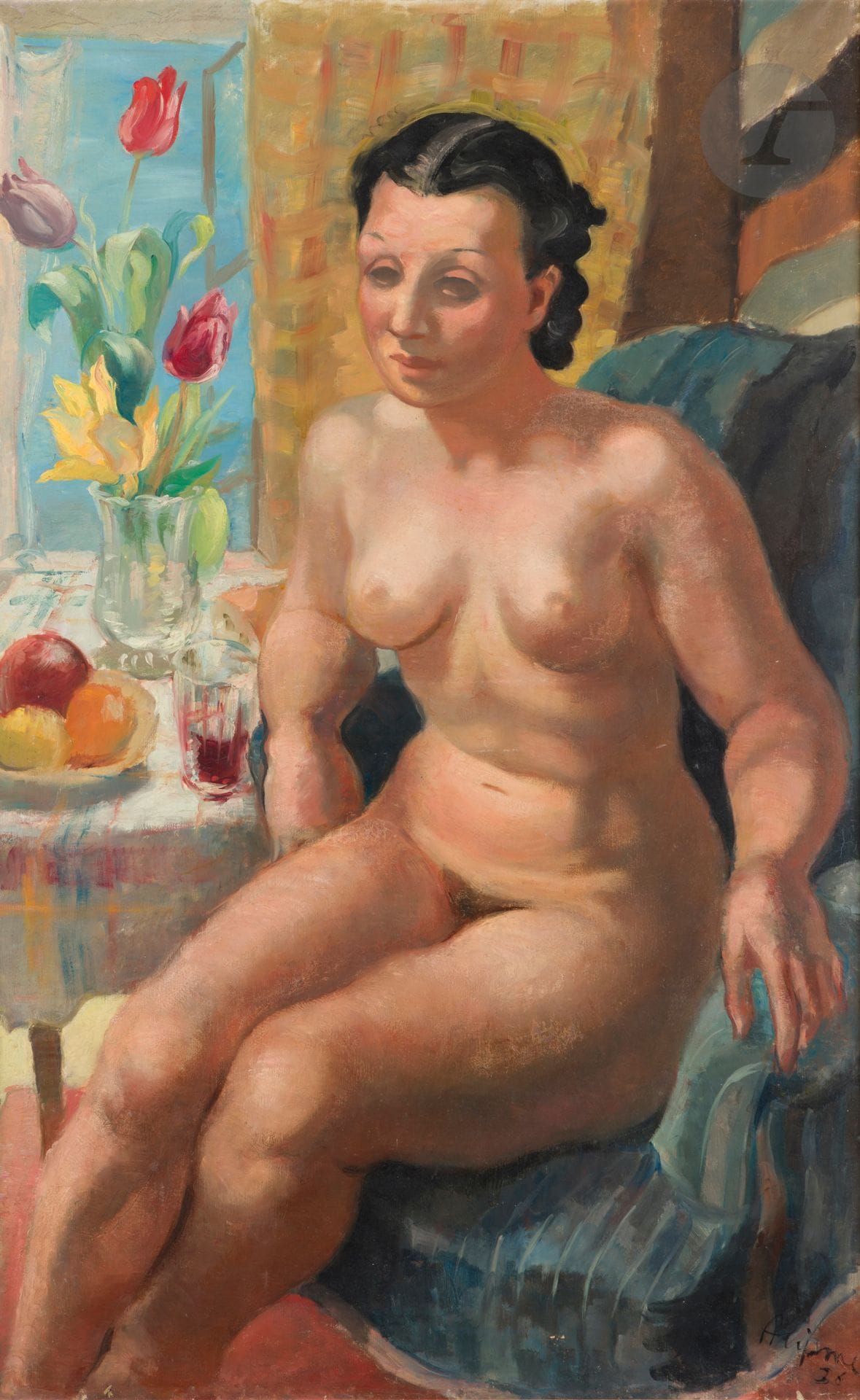 Jean AUJAME (1905-1965)
Seated nude, 1956
Oil on canvas.
Signed and dated lower right.
116 x 73 cm

Provenance : 
Galerie de Berri, Paris (label on back of stretcher).

Artist's archive no. 346 (handwritten note on back).