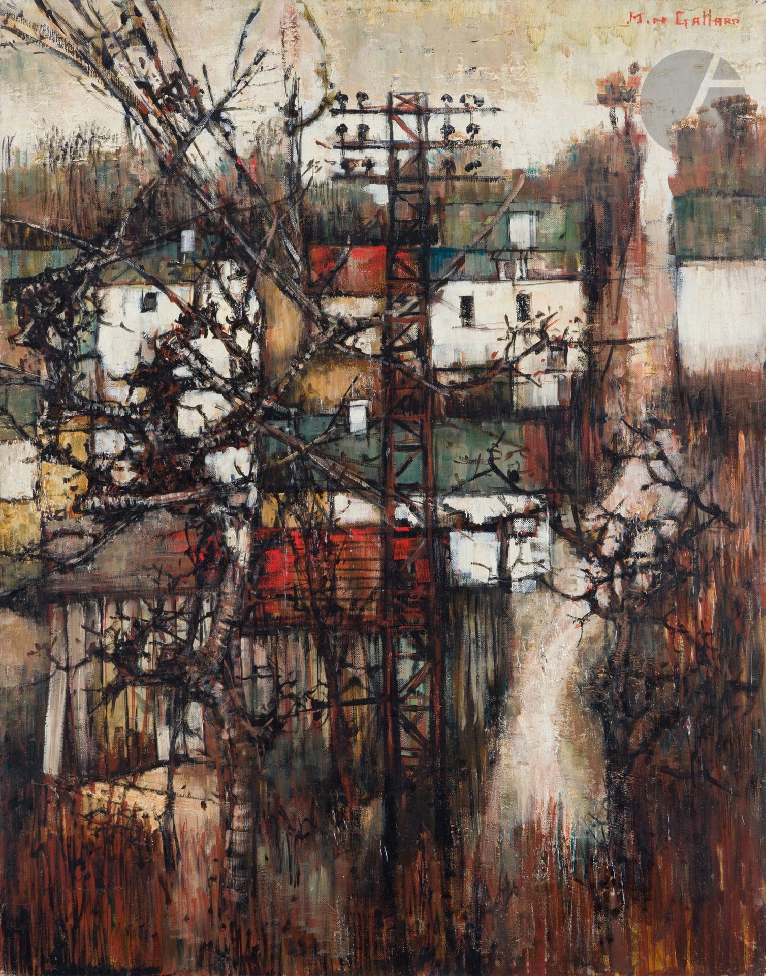 Michel de GALLARD (1921-2007)
The High Voltage Line
Oil on canvas.
Signed upper right.
73 x 50 cm

Provenance : 
Galerie Framond, Paris (label on back of stretcher).