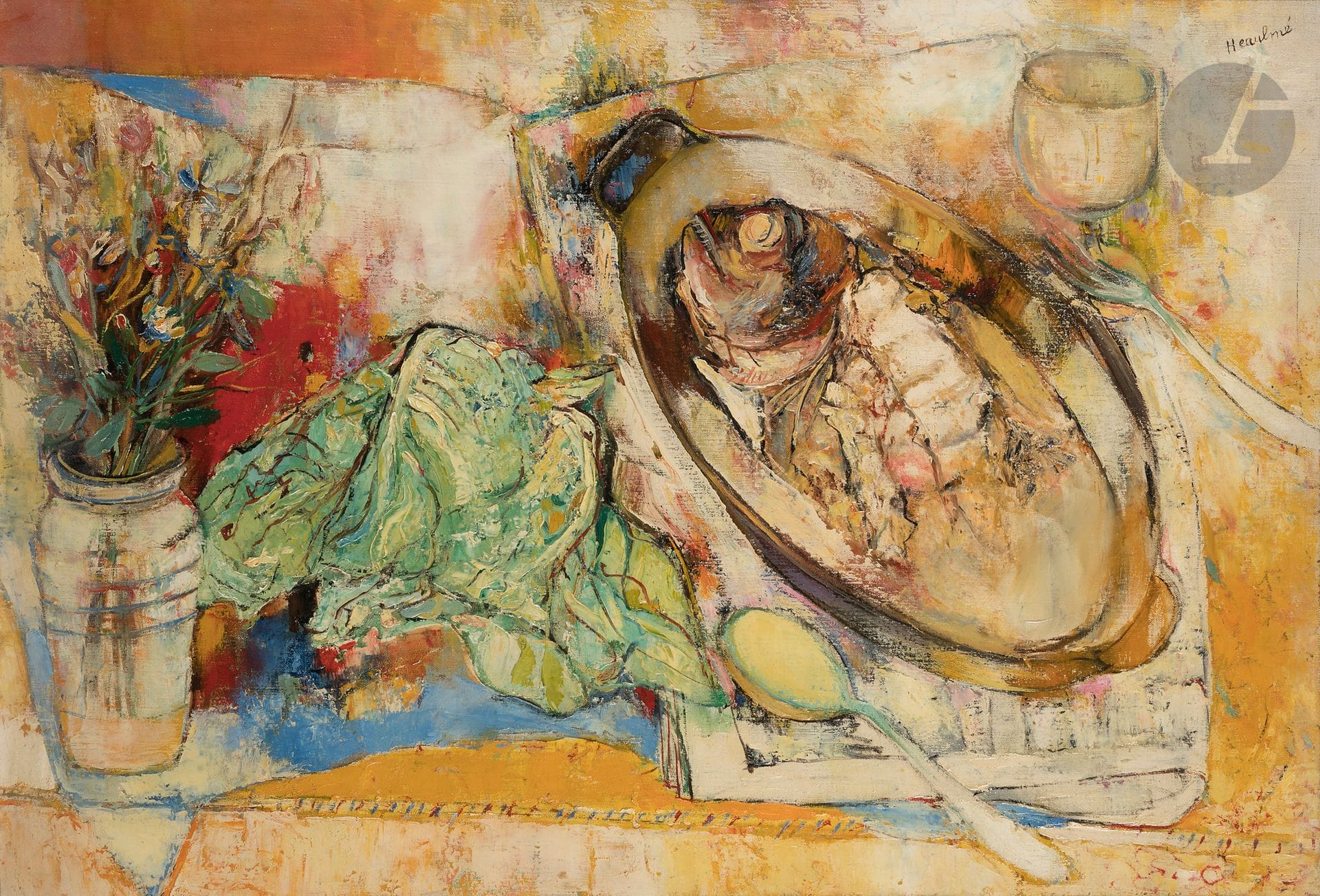 François HEAULMÉ (1927-2005)
Le Repas, vers 1960
Huile sur toiler.
Signée en haut à droite.
50 x 73 cm

Provenance : 
- Galerie Monique de Groote, Paris (tampon au dos).
- Vente Mes Delorme-Collin du Bocage, Hôtel Drouot, Paris, 15 mai 2005.

Bibliographie : 
Éric Mercier, Années 50, La Jeune Peinture, Panorama de la Jeune Peinture, Tome II, Zurich, Artacatos, 2010, reproduit p. 209.