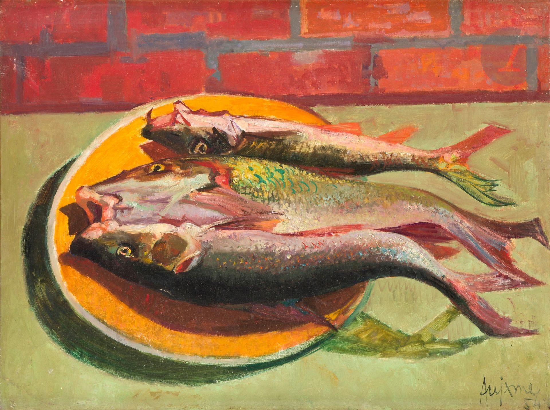 Jean AUJAME (1905-1965)
Les Poissons, 1954
Huile sur toile.
Signée et datée en bas à droite.
(Petites griffures).
60 x 81 cm

Archives de l'artiste n° 1204 (mention manuscrite au dos).