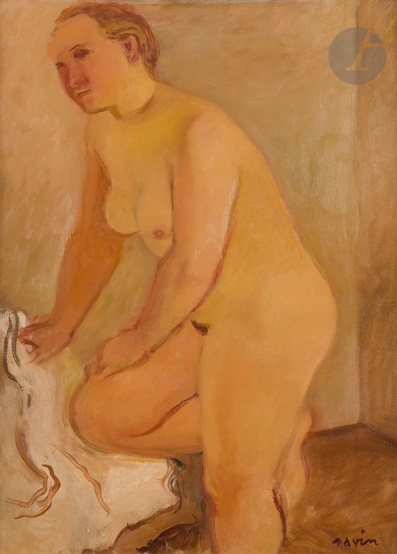 Maurice-Louis SAVIN (1894-1973)
Nu debout, 1941
Huile sur toile.
Signée en bas à droite.
Signée, datée et titrée au dos.
73 x 54 cm