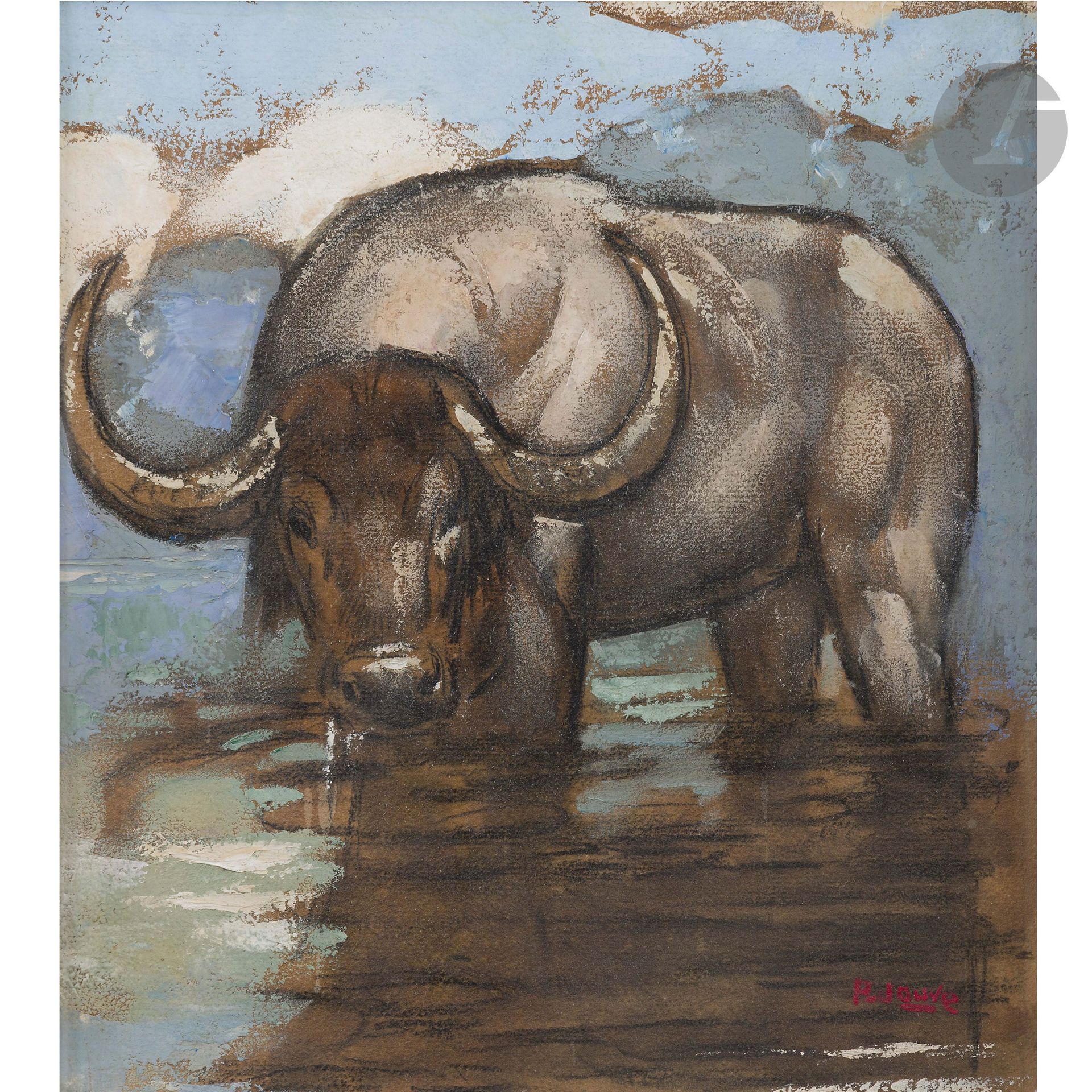 PAUL JOUVE (1878-1973)
Buffle d’eau
Huile et pastel sur papier marouflé sur carton. Signée P.JOUVE, en rouge en bas à droite. 26x29,5cm

Remerciements:
Nous adressons nos plus vifs remerciements à l’ayant droit de l’artiste pour nous avoir confirmé l’authenticité de cette œuvre. 

Bibliographie et œuvres en rapport:
Félix Marcilhac - Paul Jouve– Peintre sculpteur animalier– Éditions de l’Amateur, Paris 2005. Des œuvres en rapport reproduites pages 236-237.