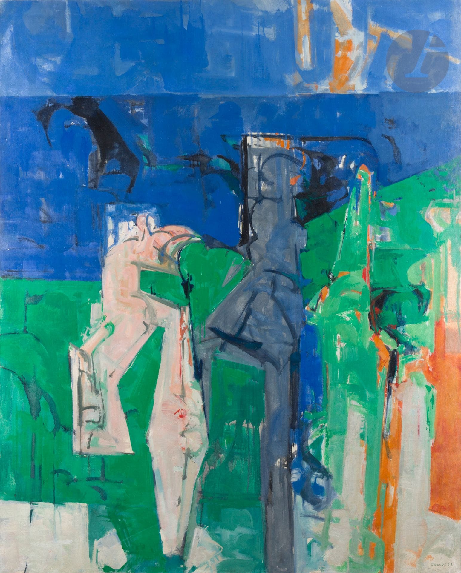 Paul KALLOS (1928-2001)
Paysage animé, 1962
Huile sur toile.
Signée et datée en bas à droite.
162 x 130 cm

Provenance : 
Galerie Le Minotaure, Paris (étiquette au dos sur le châssis).