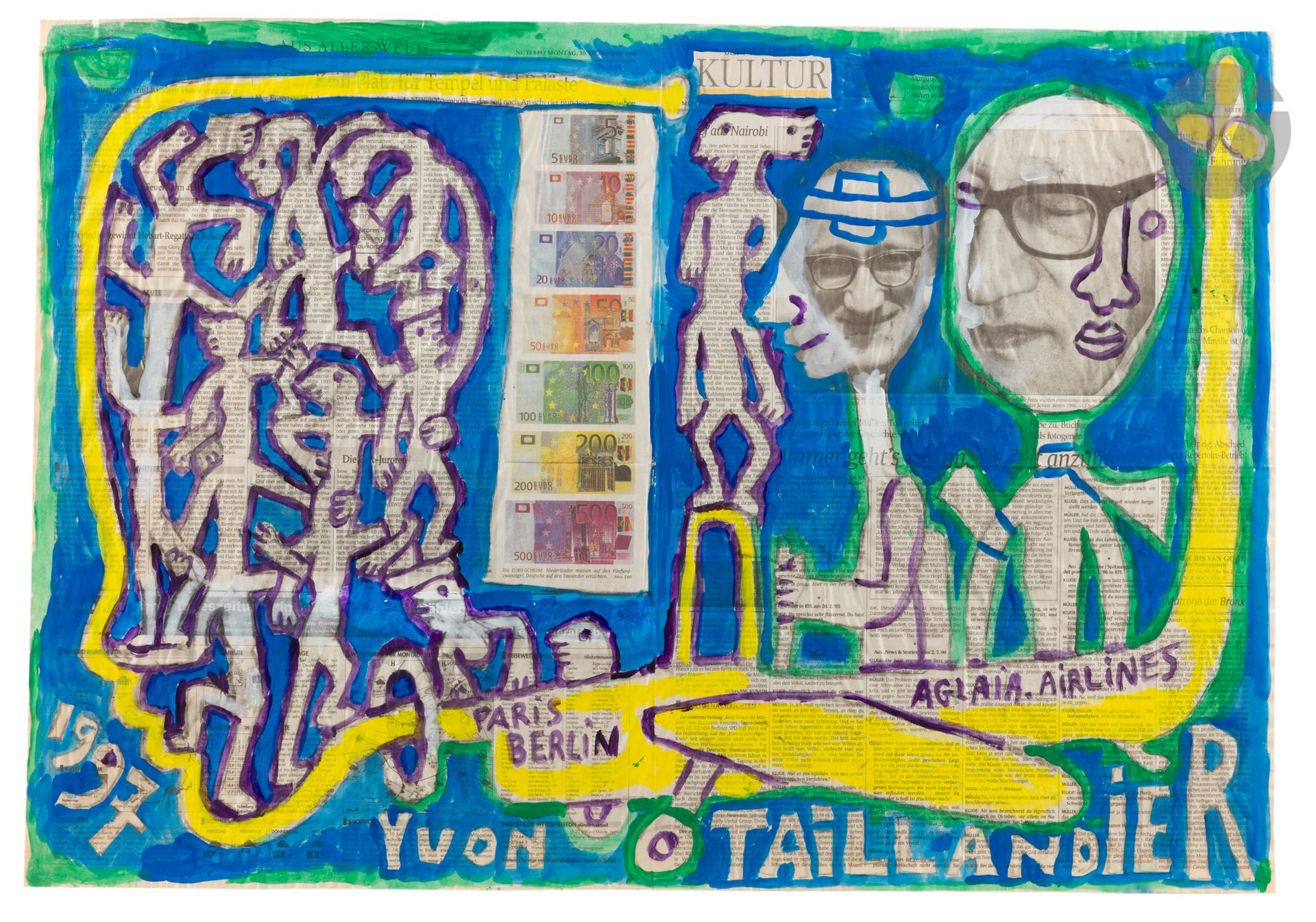 Yvon TAILLANDIER (1926-2018)
Aglaia airlines Paris-Berlin, 1997
Gouache sur papier journal.
Signée et datée en pied.
(Petite déchirure au centre, plis).
55,5 x 79 cm