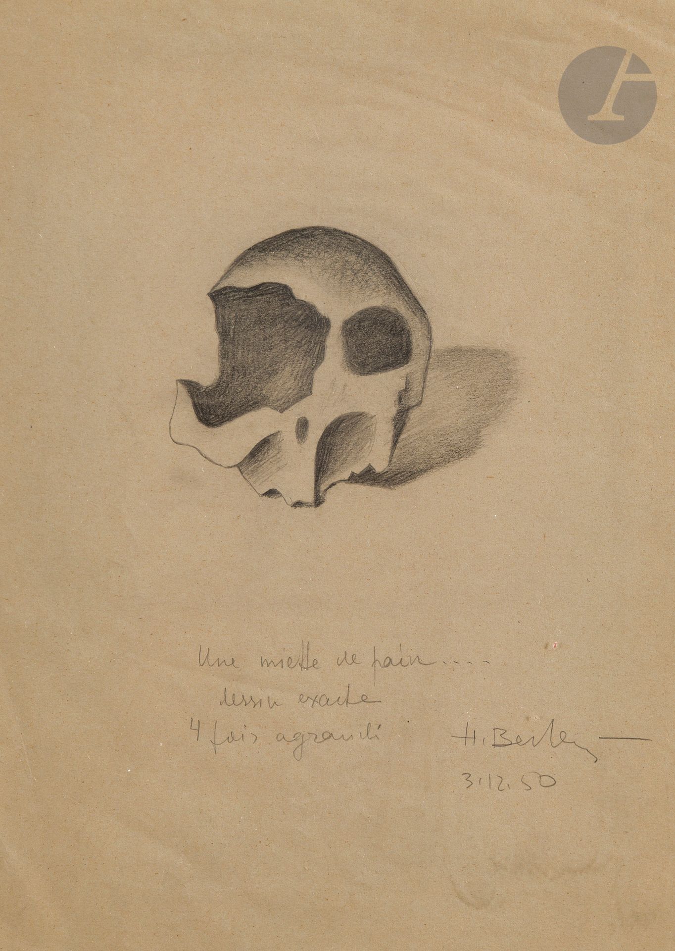 Henri BERLEWI (1894-1967)
Une miette de pain... dessin exact, 4 fois agrandi, 1950
Mine de plomb.
Signée, datée et titrée.
24 x 17 cm