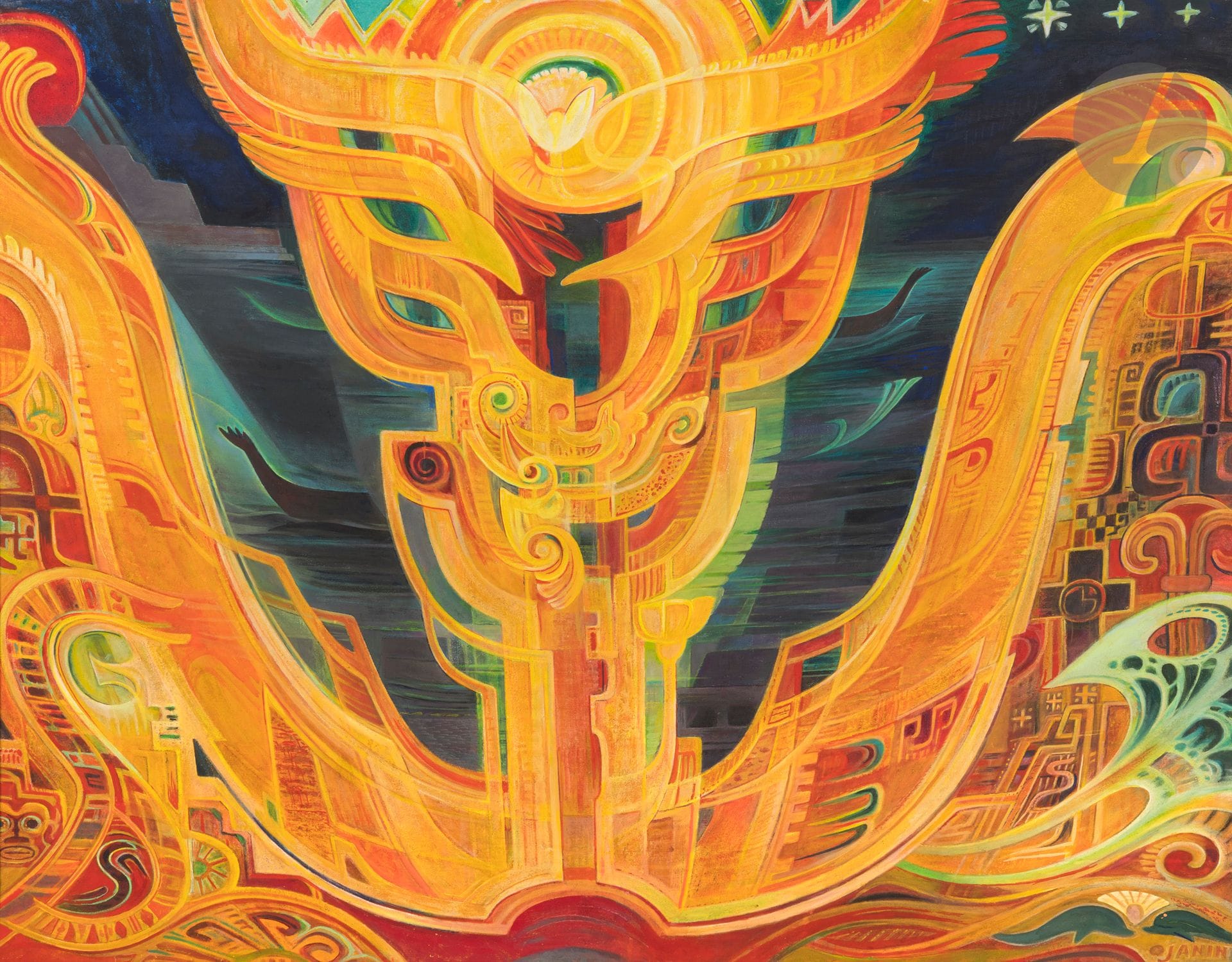 Louise JANIN (1892-1997)
Oraison, 1955
Oil on canvas.
Signed lower right.
114 x 146 cm

Bibliography 
Nicole Lamothe, Monique Normatcheva, Louise Janin Témoin du siècle, Paris, 1993, reproduced in black and white on p. 85.