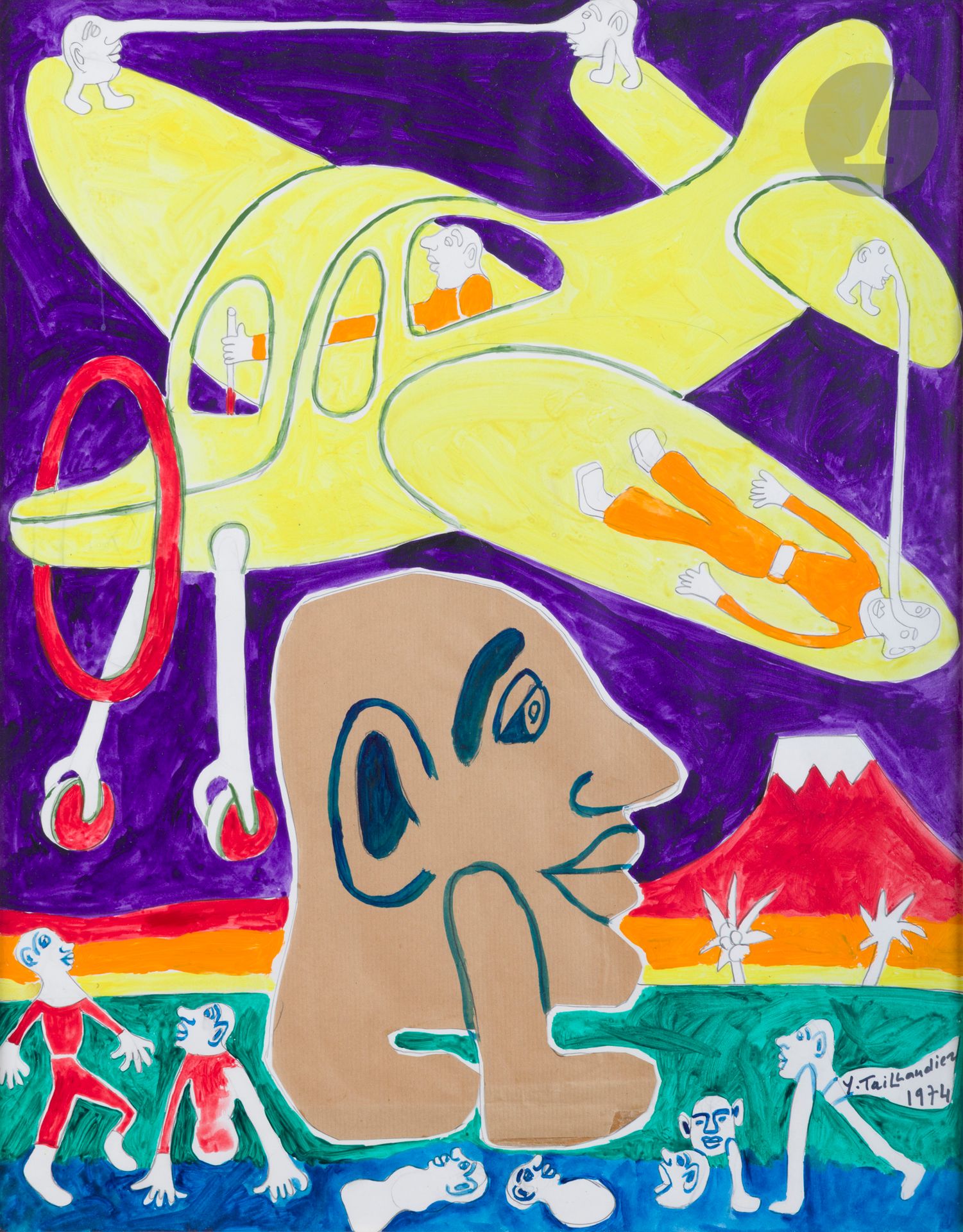 Yvon TAILLANDIER (1926-2018)
Aviator, head and Mont Fuji, 1974
Gouache over pencil lines and collage.
Signed and dated lower right.
64 x 49 cm