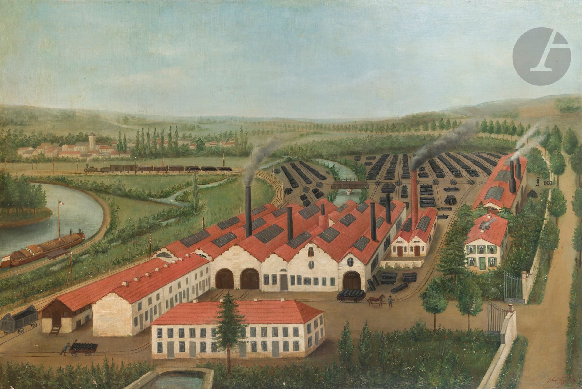 Julien PONTHUS (XIXe siècle)
L’Usine, 1895
Huile sur toile.
Signée et datée en bas à droite.
(Petits manques).
100 x 150 cm