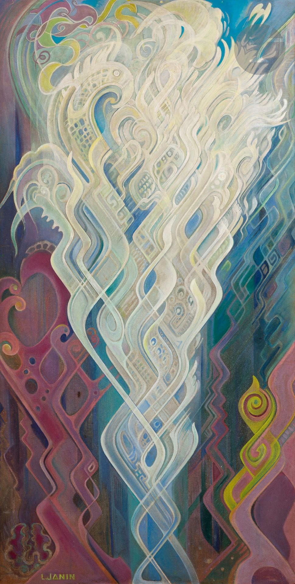 Louise JANIN (1892-1997)
Ascension, vers 1935
Huile sur isorel.
Signée en bas à gauche.
Signée et titrée au dos sur le châssis.
108 x 65 cm