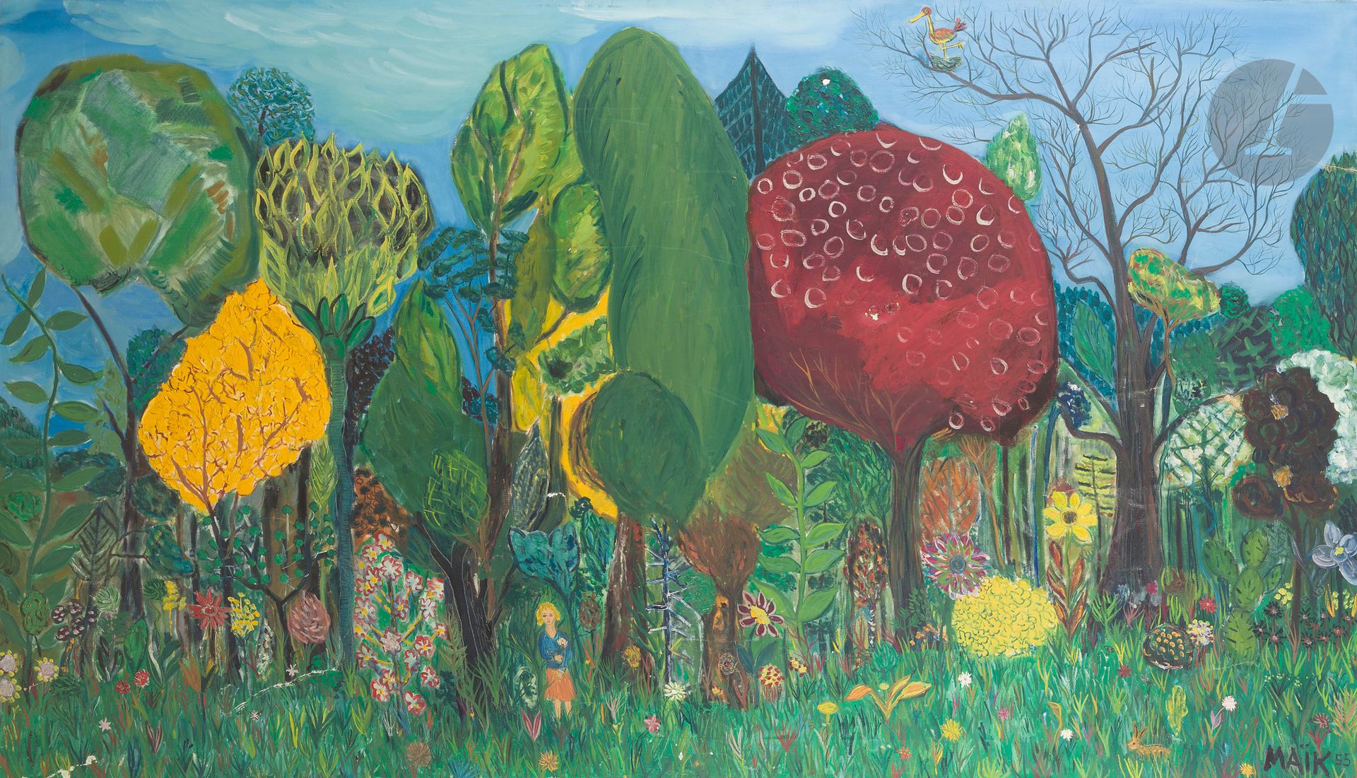 Henri Hecht MAÏK (1922-1993)
La Forêt, 1955
Huile sur toile.
Signée et datée en bas à droite.
Signée au dos.
(Accidents et manques).
114 x 195 cm

Provenance : 
Collection René Drouin, Paris.
